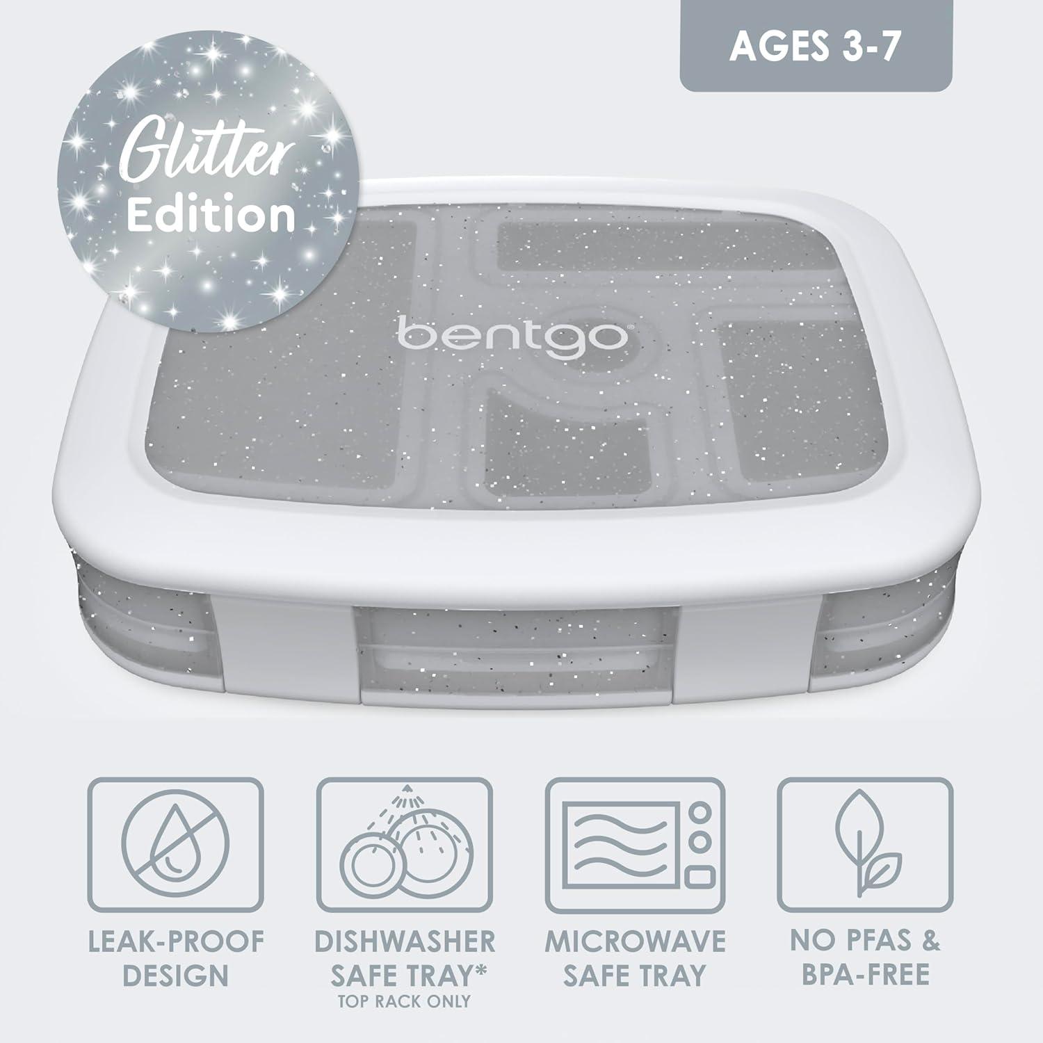 imageBentgo Kids BentoStyle 5Compartment LeakProof Lunch Box Ideal Portion Sizes for Ages 3 to 7 Durable DropProof Dishwasher Safe PFAS amp BPAFree amp Made with FoodSafe Materials Citrus YellowGlitter Edition Silver