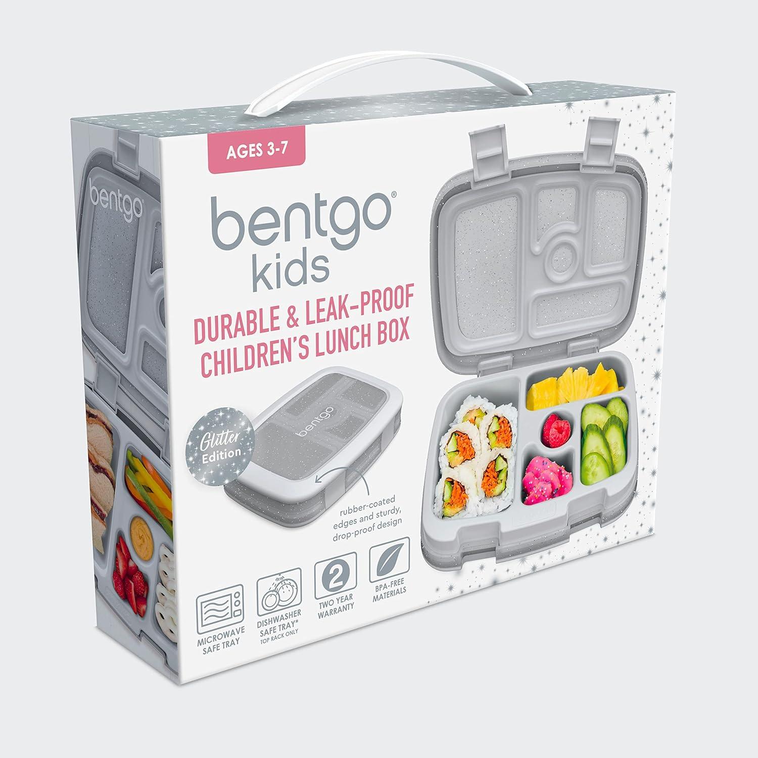 imageBentgo Kids BentoStyle 5Compartment LeakProof Lunch Box Ideal Portion Sizes for Ages 3 to 7 Durable DropProof Dishwasher Safe PFAS amp BPAFree amp Made with FoodSafe Materials Citrus YellowGlitter Edition Silver