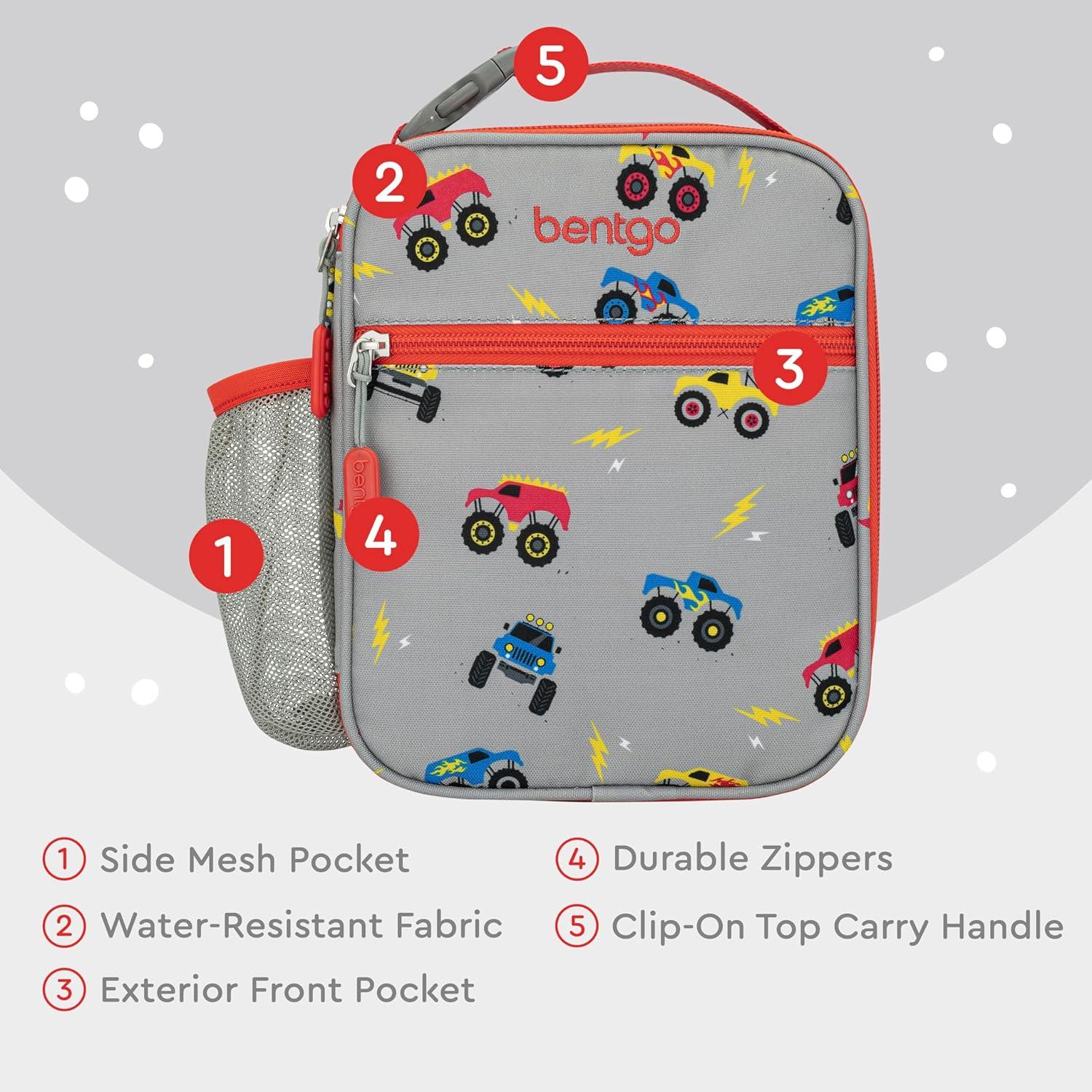 imageBentgo Kids Insulated Lunch Tote WaterResistant Reusable Lightweight amp Durable Lunch Bag with Water Bottle Holder amp Mesh Pocket Fits Lunch Box amp Water Bottle Ideal for Ages 3 PuppyTrucks