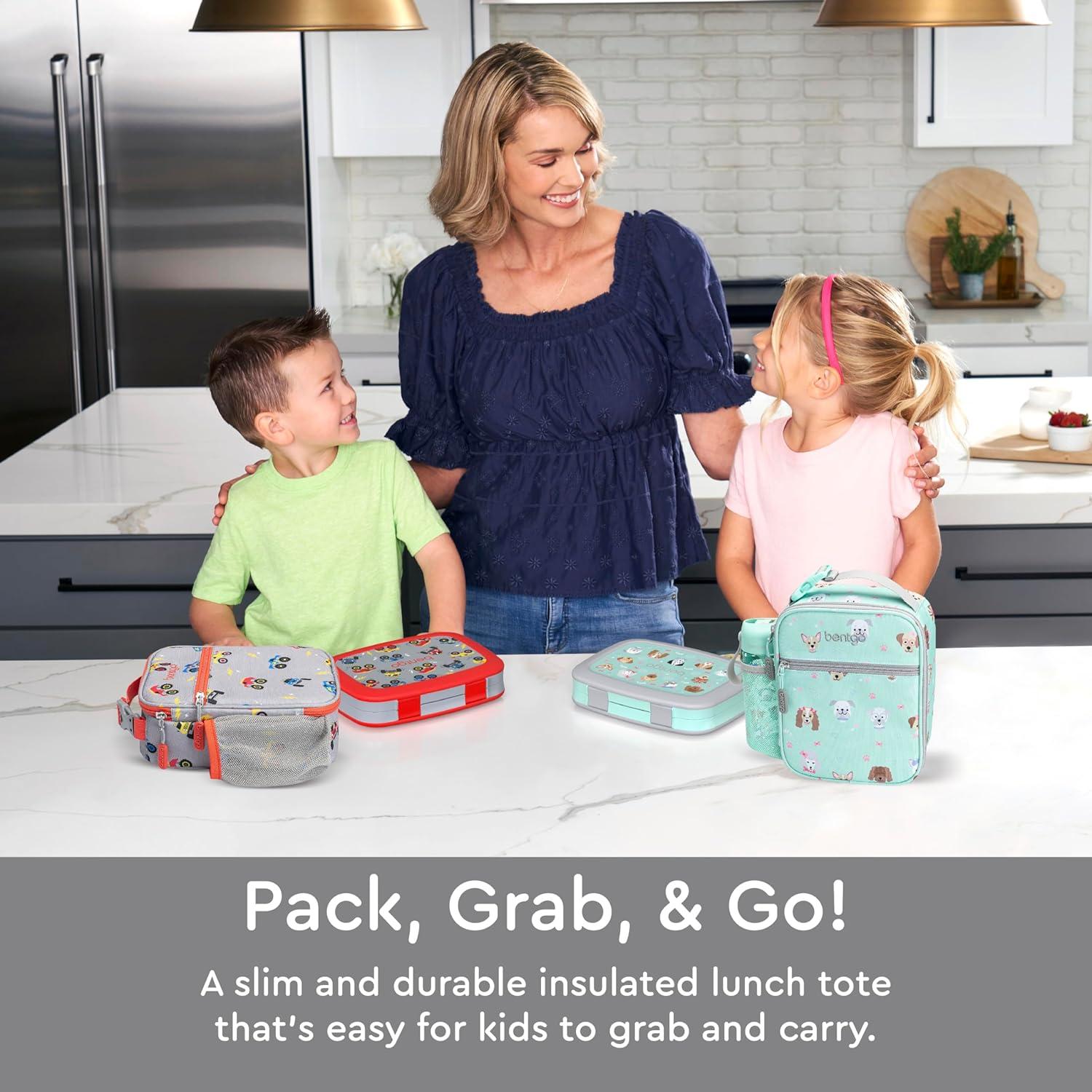 imageBentgo Kids Insulated Lunch Tote WaterResistant Reusable Lightweight amp Durable Lunch Bag with Water Bottle Holder amp Mesh Pocket Fits Lunch Box amp Water Bottle Ideal for Ages 3 PuppyTrucks
