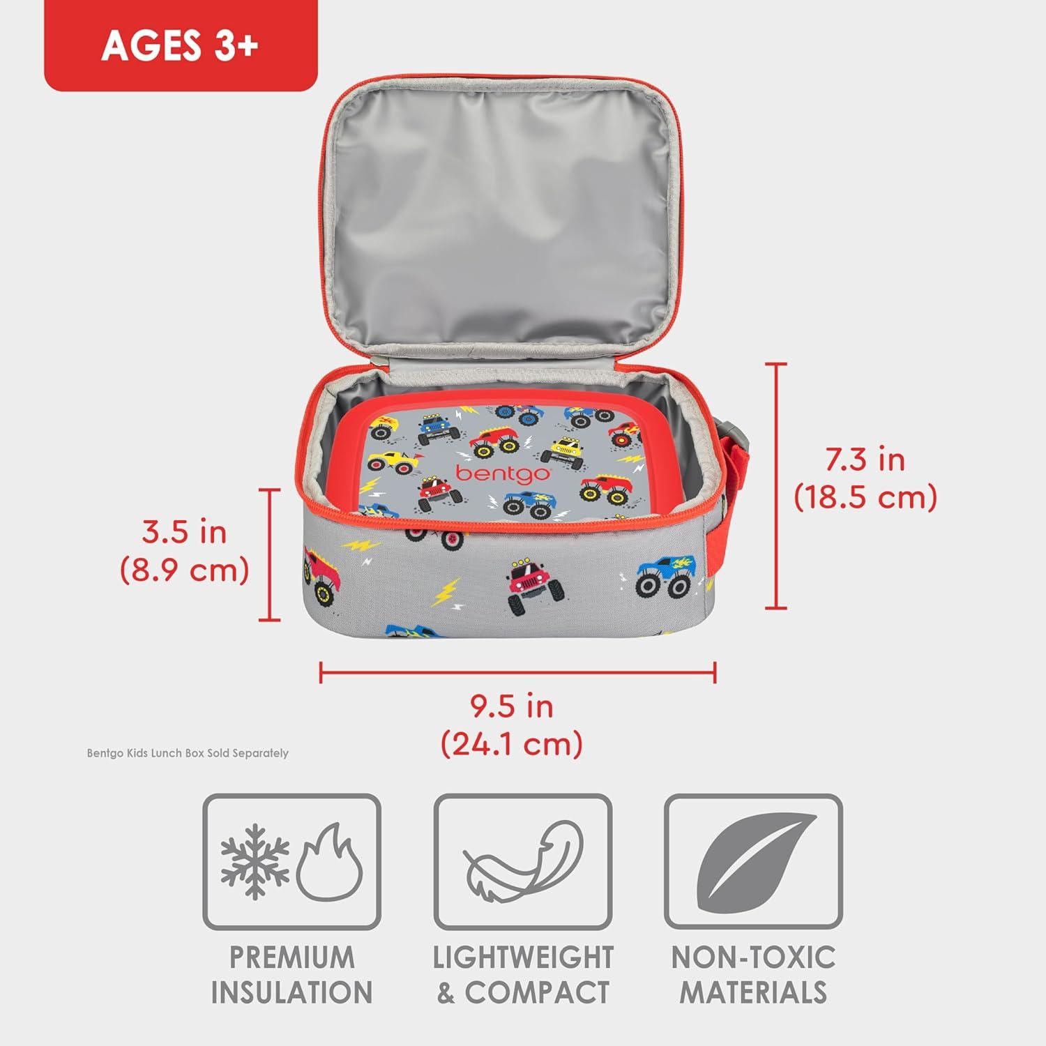 imageBentgo Kids Insulated Lunch Tote WaterResistant Reusable Lightweight amp Durable Lunch Bag with Water Bottle Holder amp Mesh Pocket Fits Lunch Box amp Water Bottle Ideal for Ages 3 PuppyTrucks