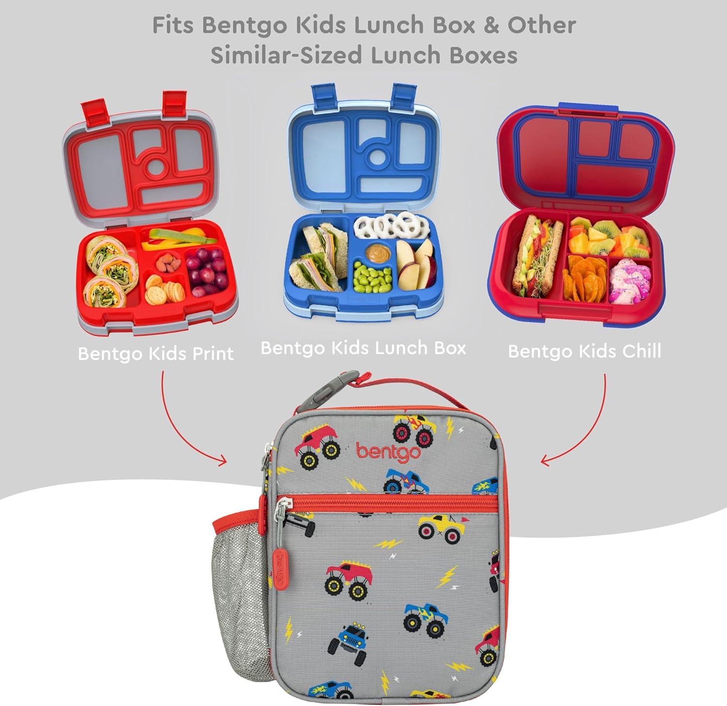 imageBentgo Kids Insulated Lunch Tote WaterResistant Reusable Lightweight amp Durable Lunch Bag with Water Bottle Holder amp Mesh Pocket Fits Lunch Box amp Water Bottle Ideal for Ages 3 PuppyTrucks