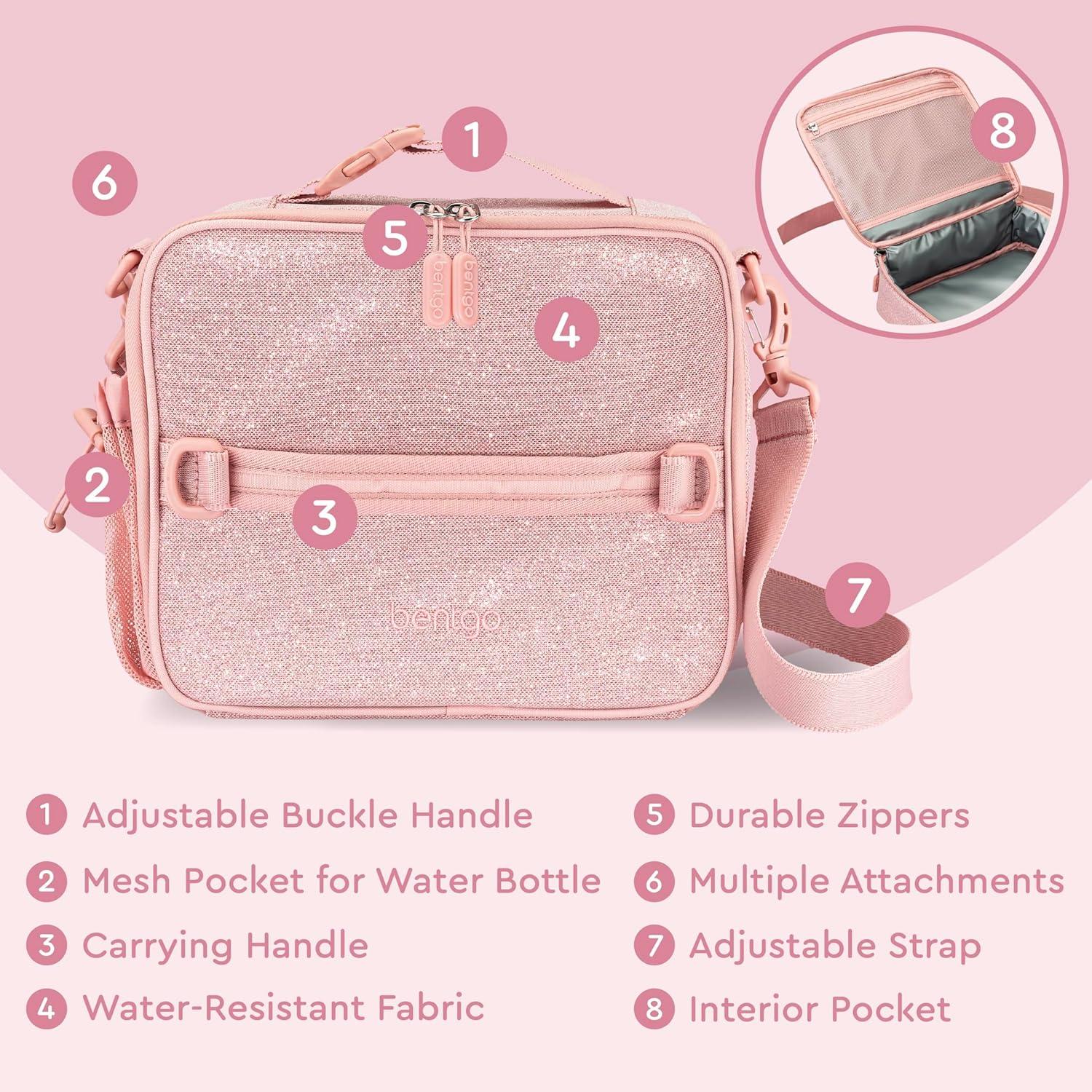imageBentgo Kids Lunch Bag Whimsy amp Wonder Collection Durable DoubleInsulated Lunch Bag for Kids 3 Holds Lunch BoxWater BottleSnacks WaterResistant Fabric amp Zip Pockets Starry SprinkleGlitter Edition Petal Pink