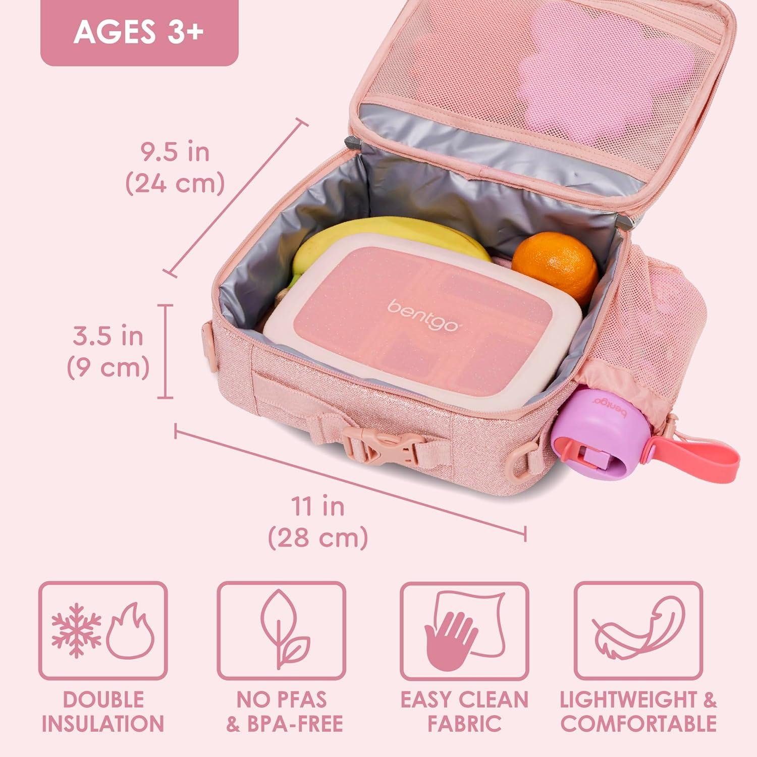 imageBentgo Kids Lunch Bag Whimsy amp Wonder Collection Durable DoubleInsulated Lunch Bag for Kids 3 Holds Lunch BoxWater BottleSnacks WaterResistant Fabric amp Zip Pockets Starry SprinkleGlitter Edition Petal Pink