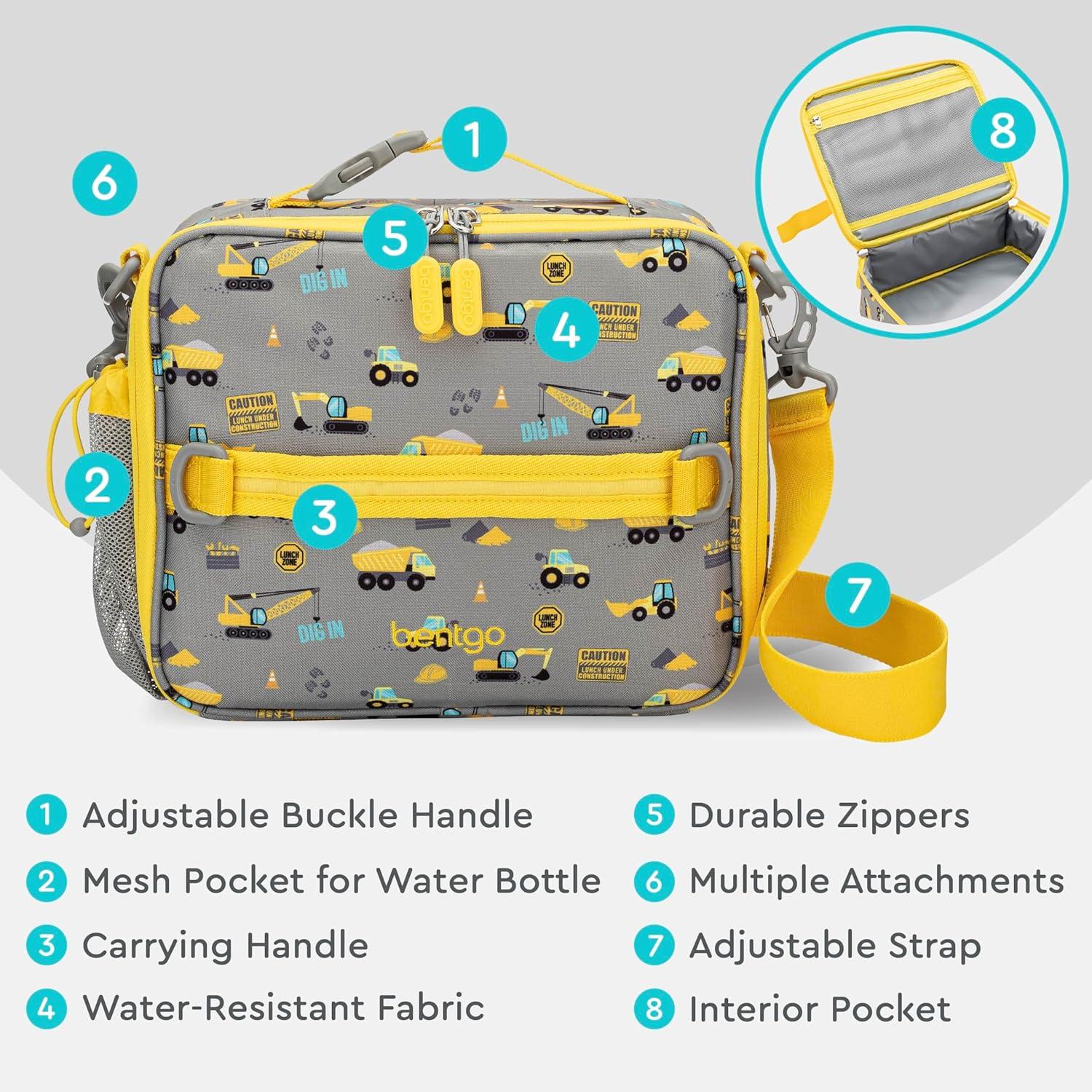 imageBentgo Kids Lunch Bag Whimsy amp Wonder Collection Durable DoubleInsulated Lunch Bag for Kids 3 Holds Lunch BoxWater BottleSnacks WaterResistant Fabric amp Zip Pockets Starry SprinkleConstruction Trucks
