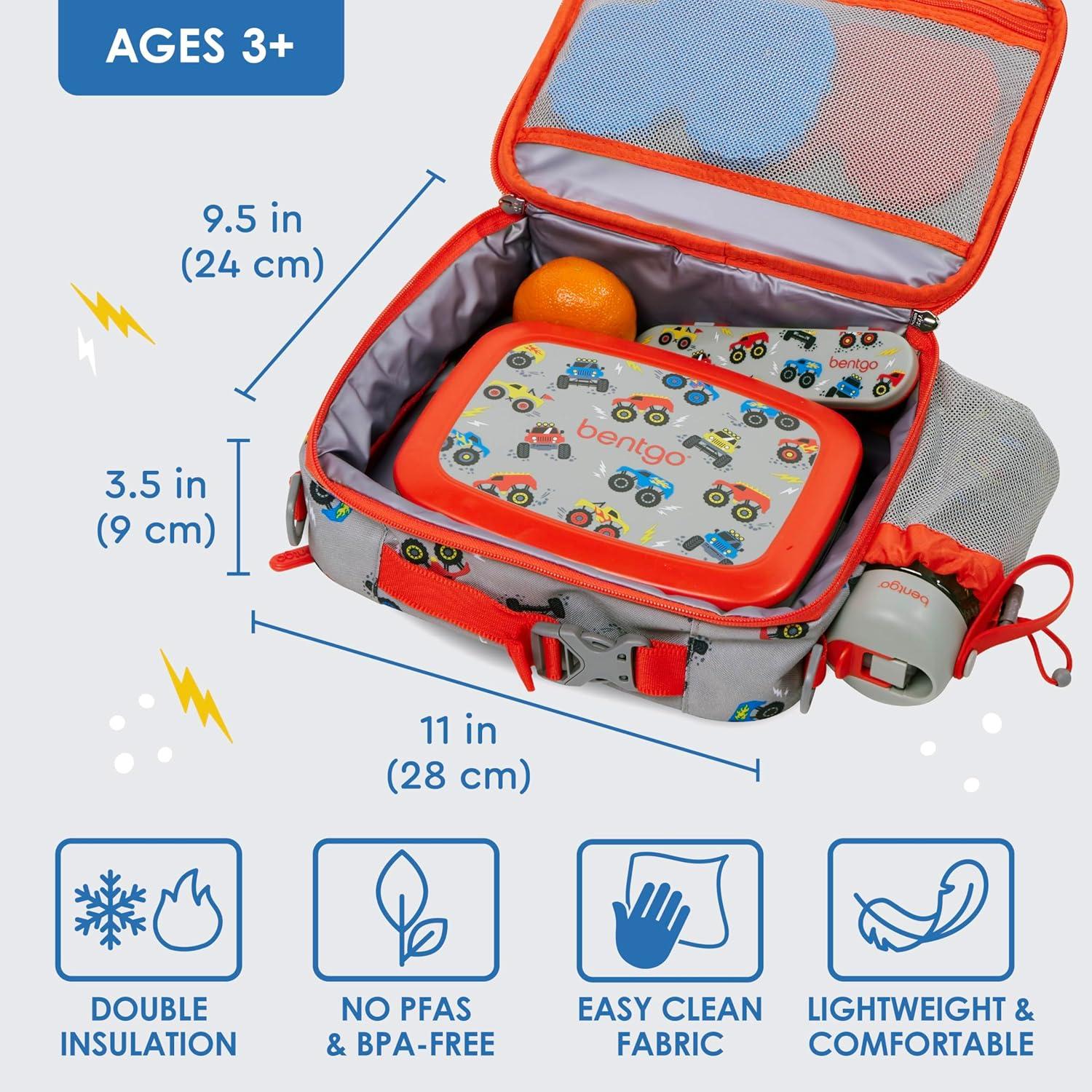 imageBentgo Kids Lunch Bag Whimsy amp Wonder Collection Durable DoubleInsulated Lunch Bag for Kids 3 Holds Lunch BoxWater BottleSnacks WaterResistant Fabric amp Zip Pockets Starry SprinkleTrucks