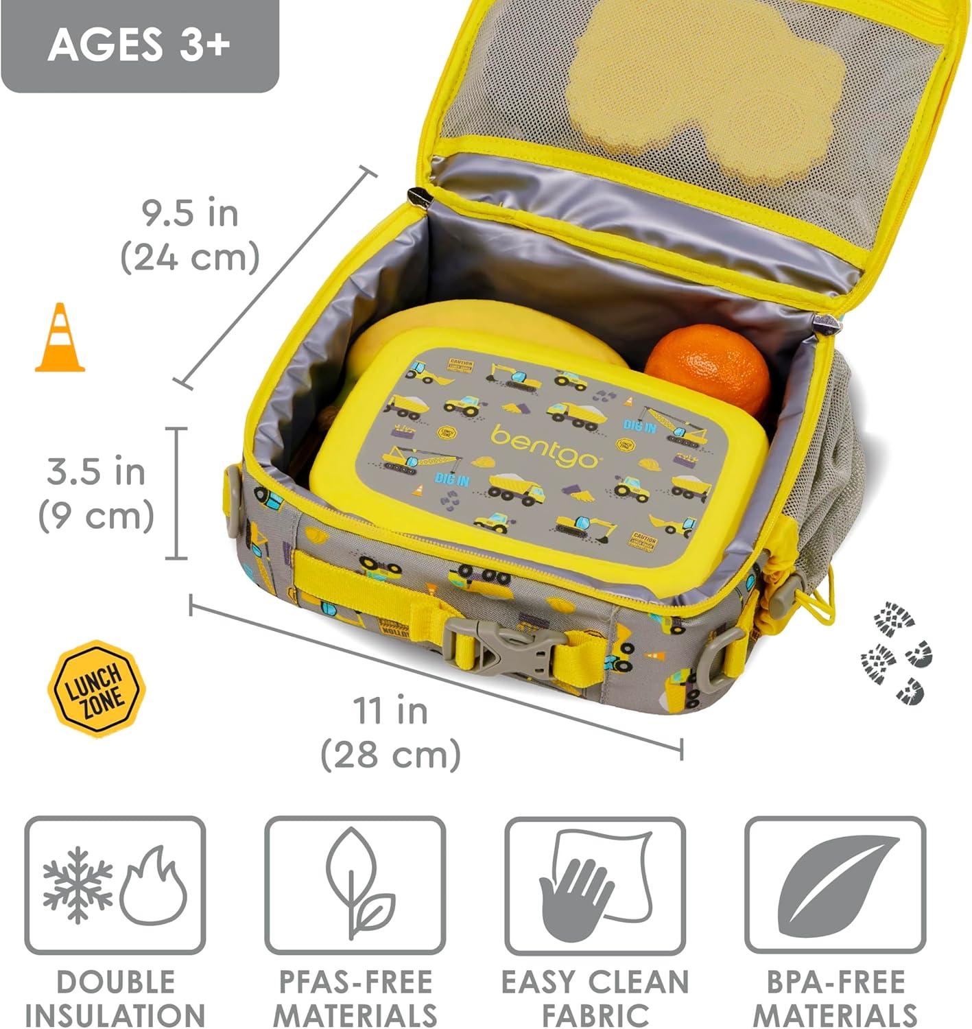 imageBentgo Kids Lunch Bag Whimsy amp Wonder Collection Durable DoubleInsulated Lunch Bag for Kids 3 Holds Lunch BoxWater BottleSnacks WaterResistant Fabric amp Zip Pockets Starry SprinkleConstruction Trucks