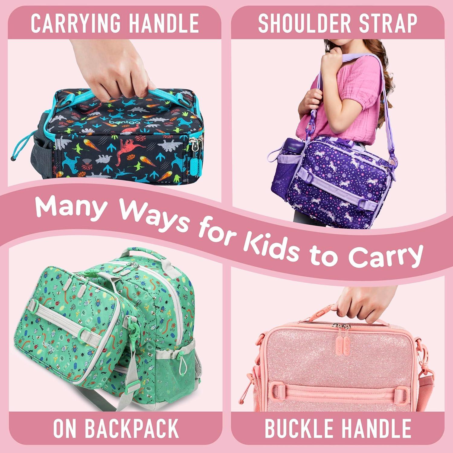 imageBentgo Kids Lunch Bag Whimsy amp Wonder Collection Durable DoubleInsulated Lunch Bag for Kids 3 Holds Lunch BoxWater BottleSnacks WaterResistant Fabric amp Zip Pockets Starry SprinkleGlitter Edition Petal Pink