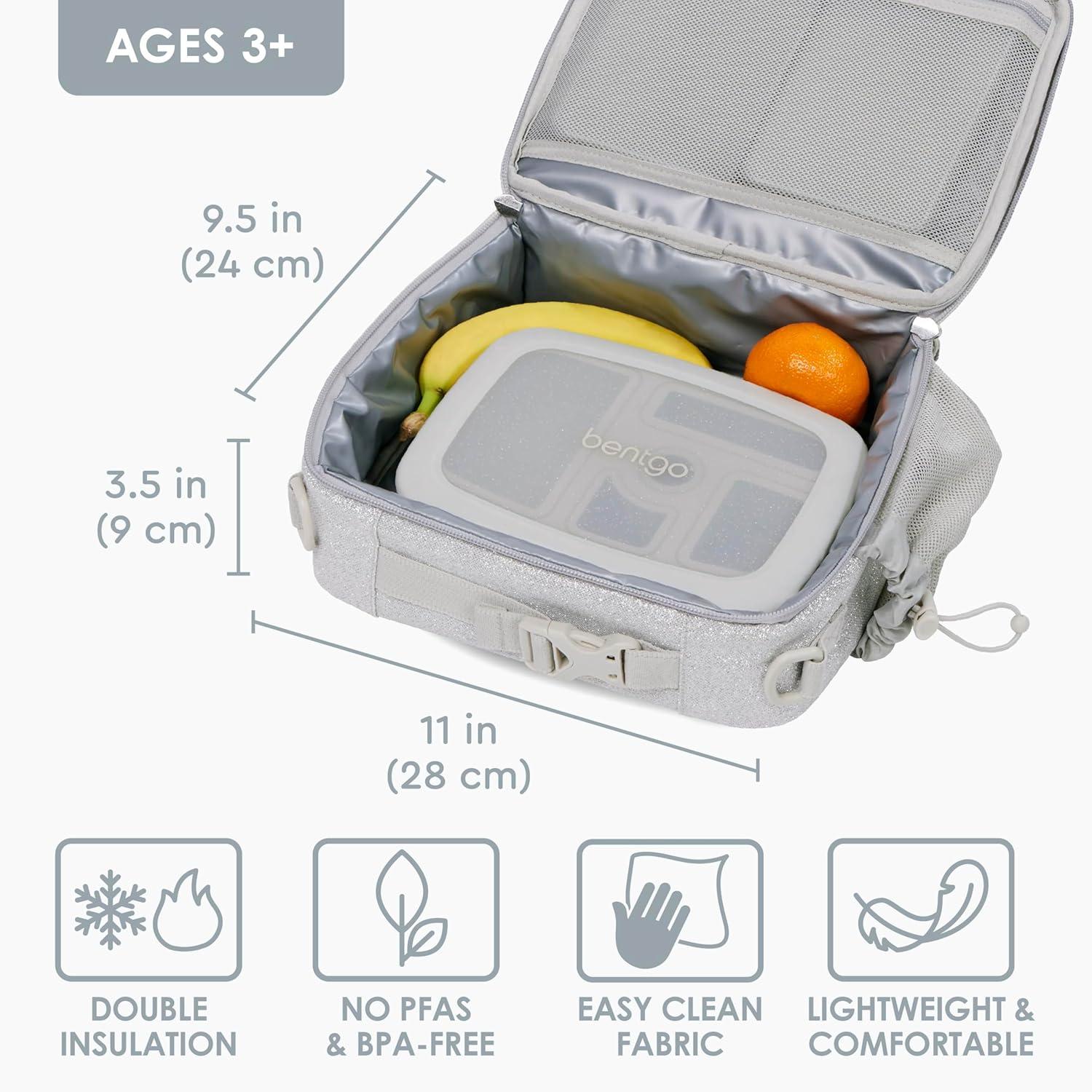 imageBentgo Kids Lunch Bag Whimsy amp Wonder Collection Durable DoubleInsulated Lunch Bag for Kids 3 Holds Lunch BoxWater BottleSnacks WaterResistant Fabric amp Zip Pockets Starry SprinkleGlitter Edition Silver