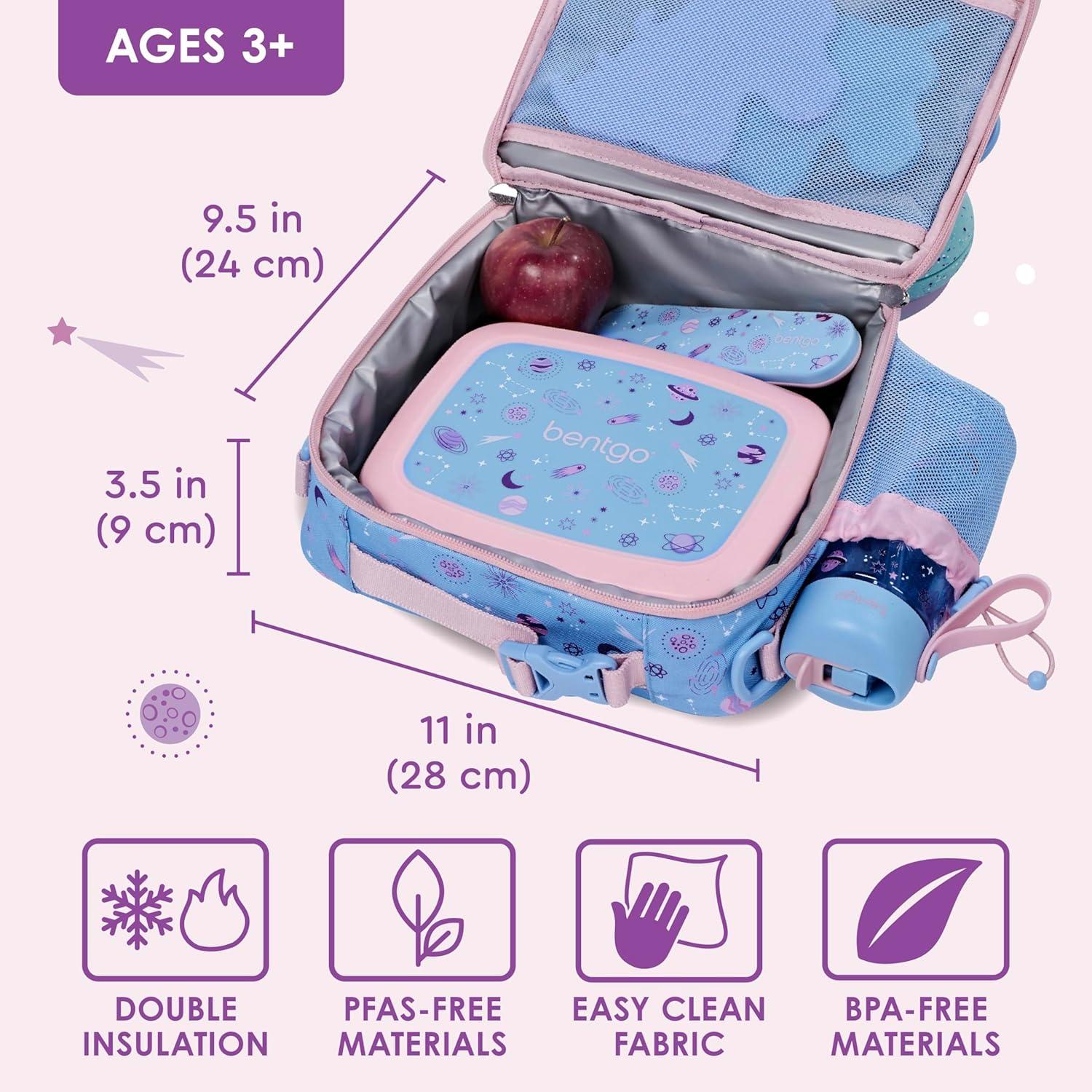 imageBentgo Kids Lunch Bag Whimsy amp Wonder Collection Durable DoubleInsulated Lunch Bag for Kids 3 Holds Lunch BoxWater BottleSnacks WaterResistant Fabric amp Zip Pockets Starry SprinkleLavender Galaxy