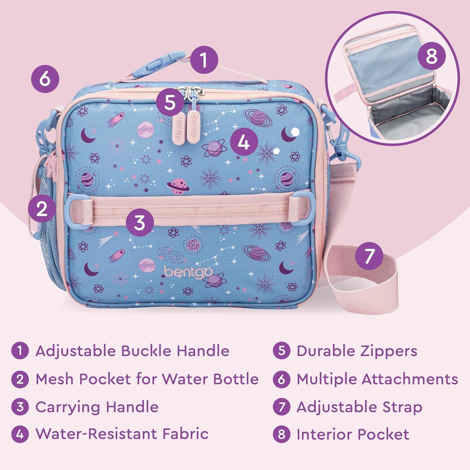 imageBentgo Kids Lunch Bag Whimsy amp Wonder Collection Durable DoubleInsulated Lunch Bag for Kids 3 Holds Lunch BoxWater BottleSnacks WaterResistant Fabric amp Zip Pockets Starry SprinkleLavender Galaxy