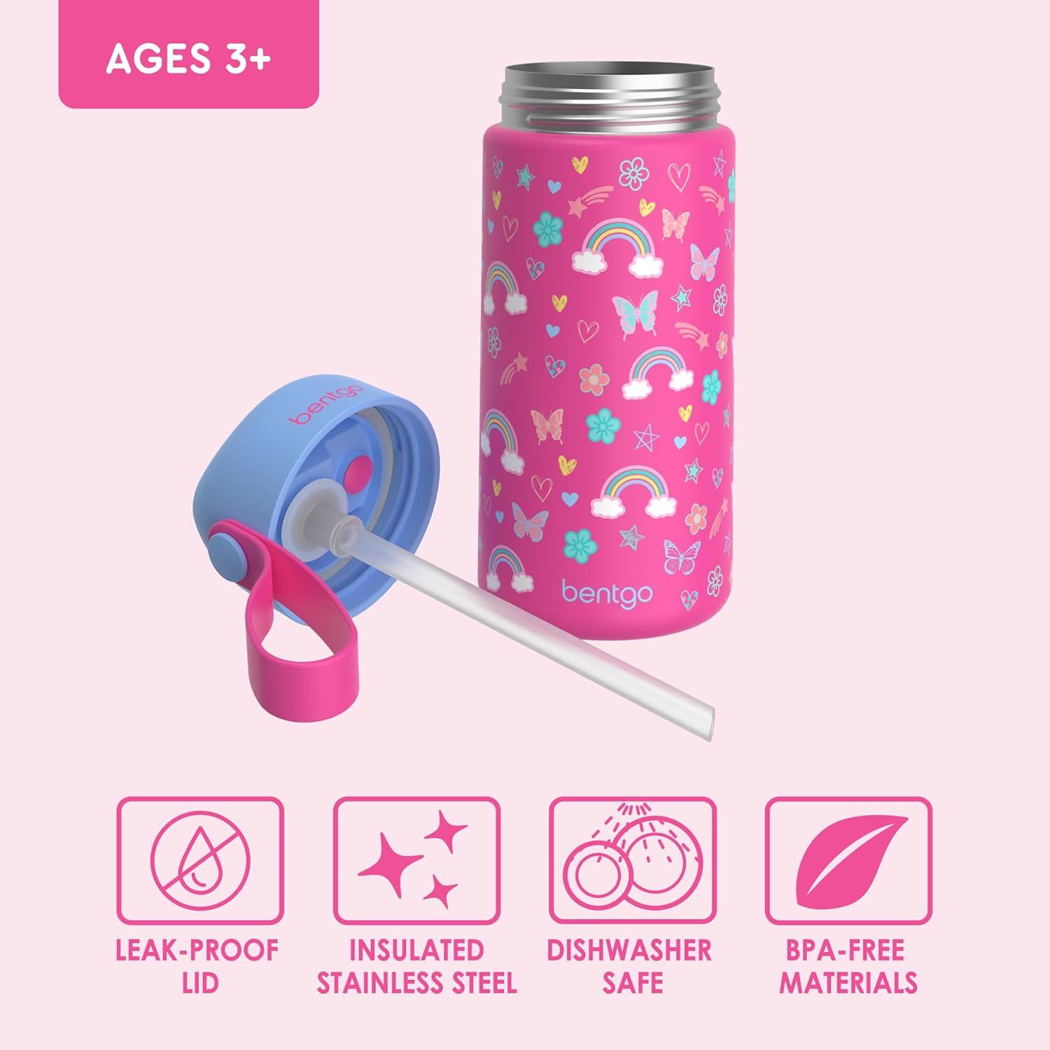 imageBentgo Kids Stainless Steel Insulated Water Bottle LeakProof Keeps Cool for 12 Hours Durable BPAFree Dishwasher Safe 14 oz Cup for Ages 3 for SchoolSportsDaycare UnicornRainbows Butterflies