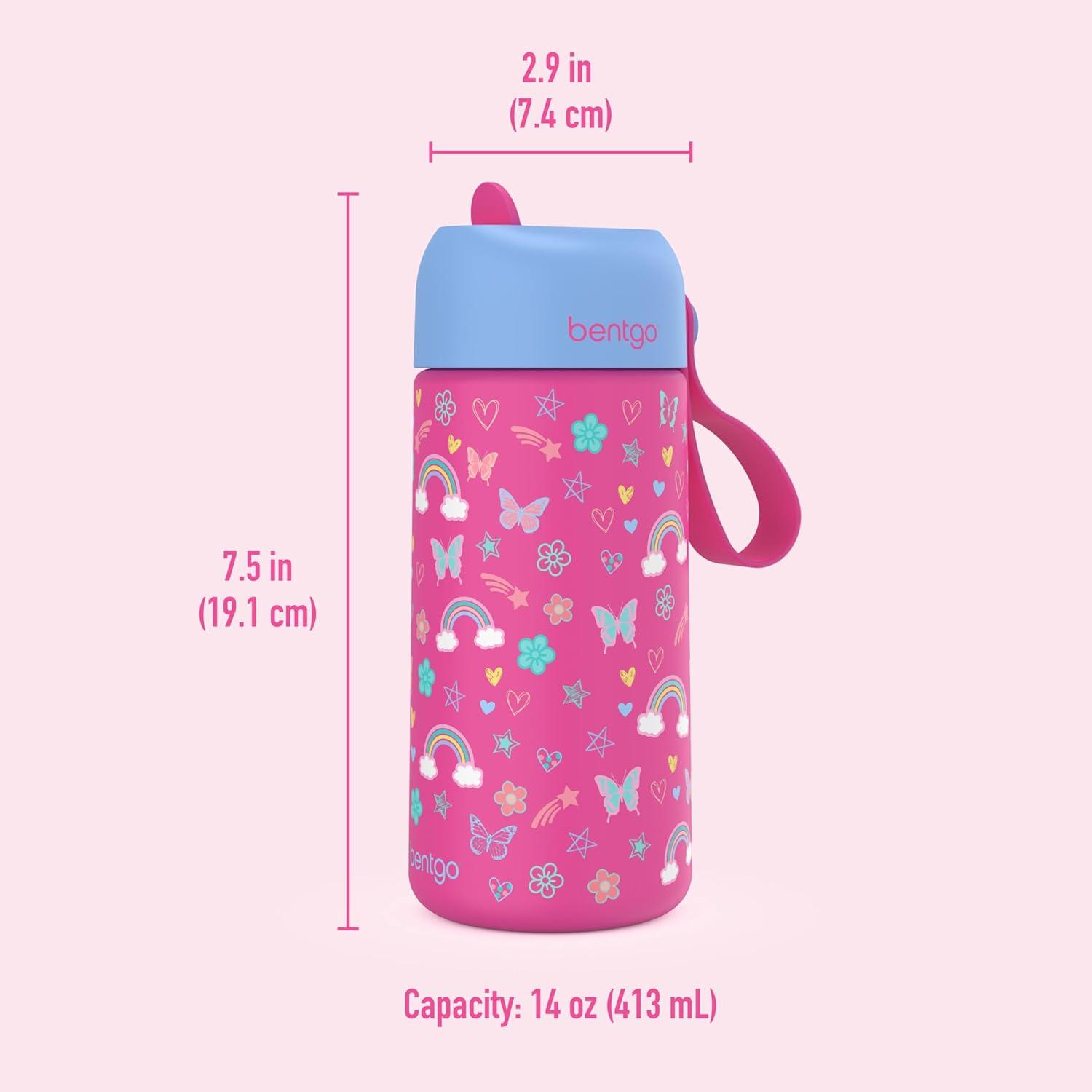 imageBentgo Kids Stainless Steel Insulated Water Bottle LeakProof Keeps Cool for 12 Hours Durable BPAFree Dishwasher Safe 14 oz Cup for Ages 3 for SchoolSportsDaycare UnicornRainbows Butterflies