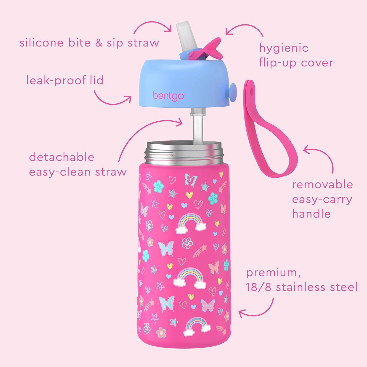imageBentgo Kids Stainless Steel Insulated Water Bottle LeakProof Keeps Cool for 12 Hours Durable BPAFree Dishwasher Safe 14 oz Cup for Ages 3 for SchoolSportsDaycare DinosaurRainbows Butterflies
