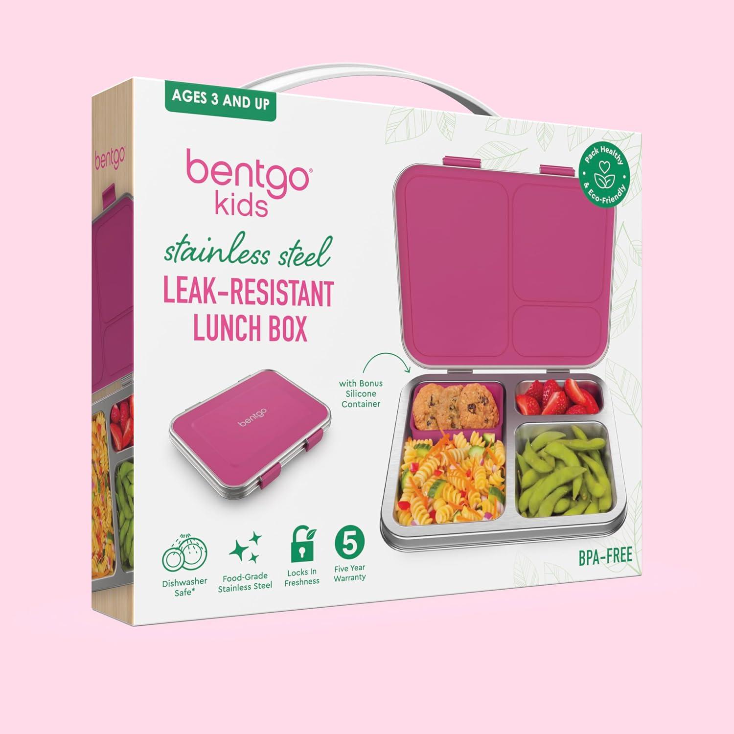 imageBentgo Kids Stainless Steel LeakResistant Lunch Box 3Compartments with Bonus Silicone Container Durable EcoFriendly Dishwasher Safe BPAFree Ideal for School Ages 3 SilverFuchsia