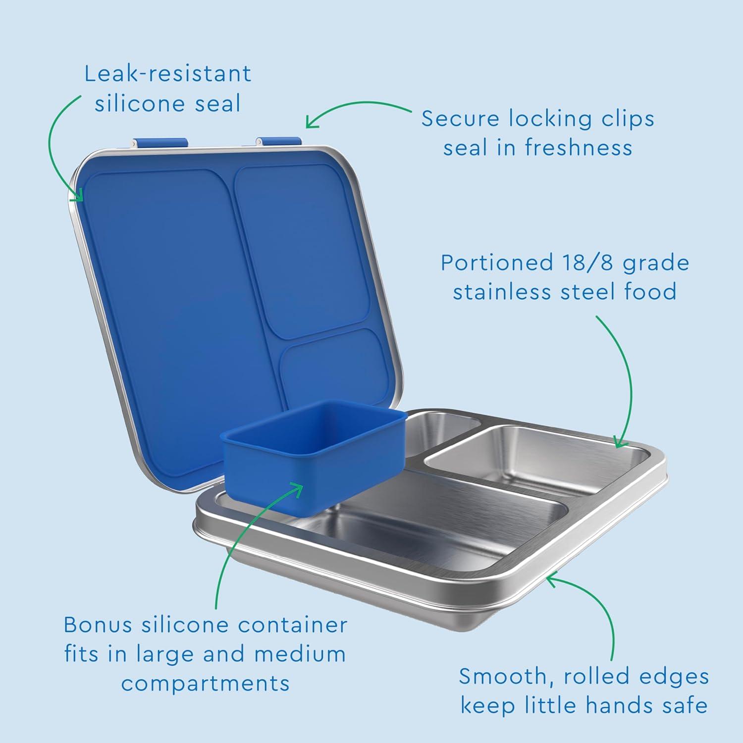 imageBentgo Kids Stainless Steel LeakResistant Lunch Box 3Compartments with Bonus Silicone Container Durable EcoFriendly Dishwasher Safe BPAFree Ideal for School Ages 3 SilverBlue