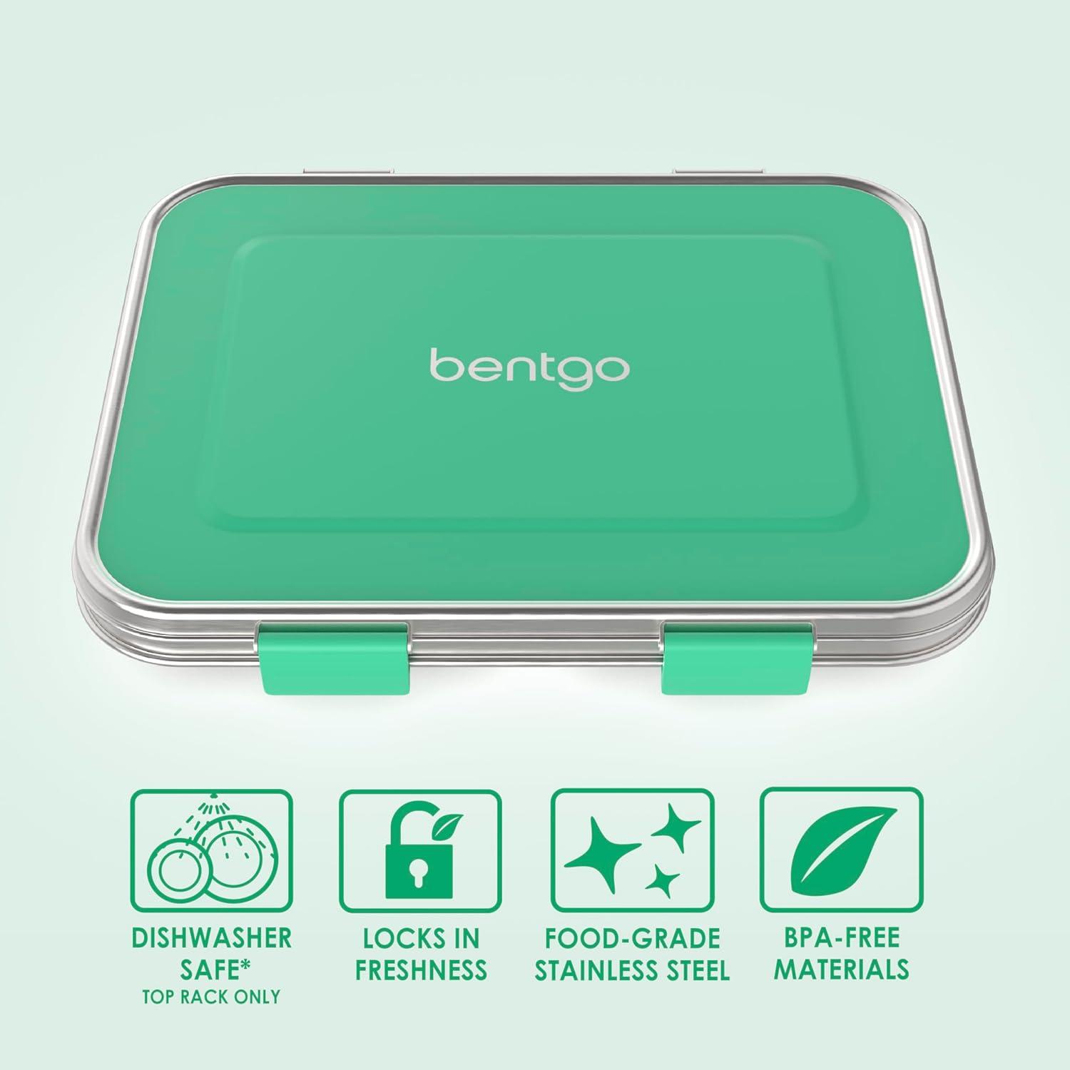 imageBentgo Kids Stainless Steel LeakResistant Lunch Box 3Compartments with Bonus Silicone Container Durable EcoFriendly Dishwasher Safe BPAFree Ideal for School Ages 3 SilverGreen