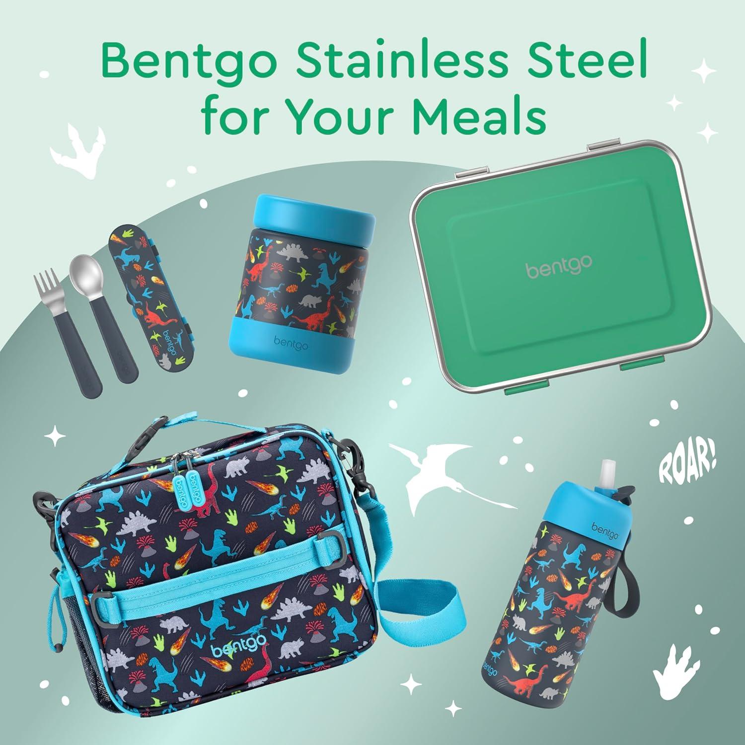 imageBentgo Kids Stainless Steel LeakResistant Lunch Box 3Compartments with Bonus Silicone Container Durable EcoFriendly Dishwasher Safe BPAFree Ideal for School Ages 3 SilverGreen