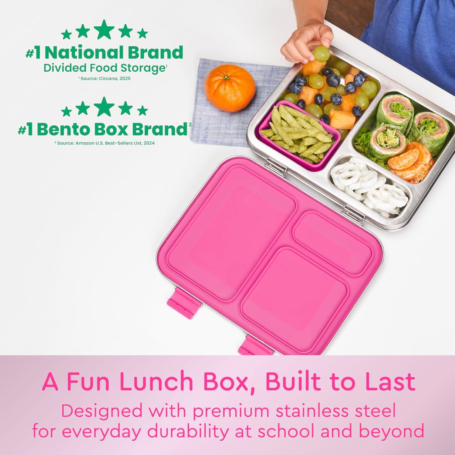 imageBentgo Kids Stainless Steel LeakResistant Lunch Box 3Compartments with Bonus Silicone Container Durable EcoFriendly Dishwasher Safe BPAFree Ideal for School Ages 3 SilverFuchsia