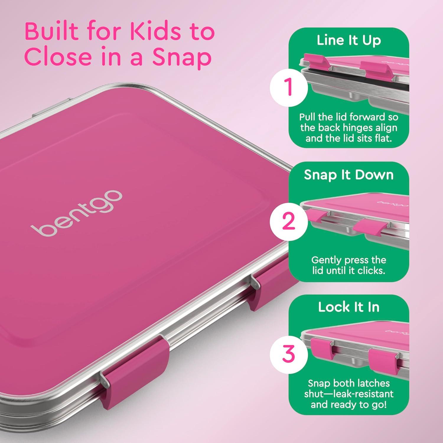 imageBentgo Kids Stainless Steel LeakResistant Lunch Box 3Compartments with Bonus Silicone Container Durable EcoFriendly Dishwasher Safe BPAFree Ideal for School Ages 3 SilverFuchsia