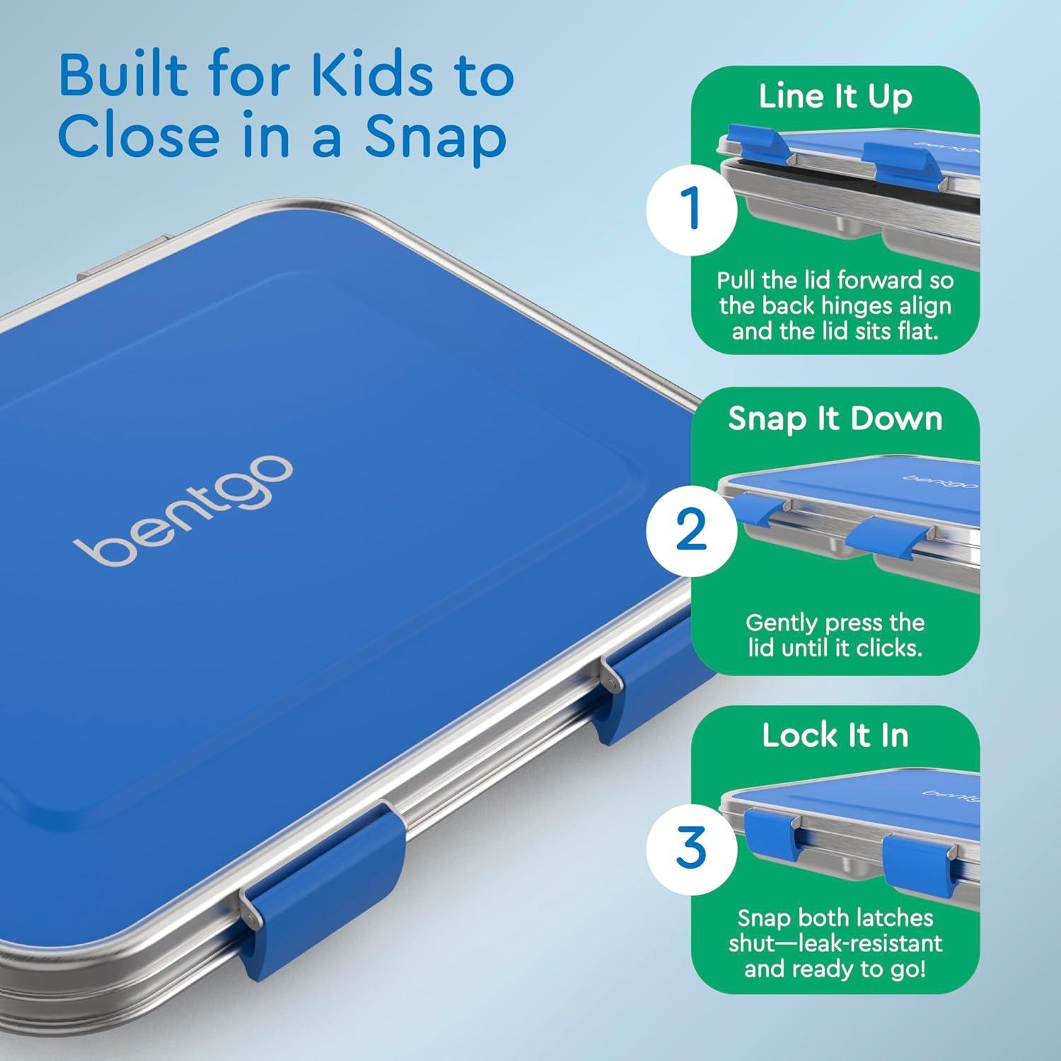 imageBentgo Kids Stainless Steel LeakResistant Lunch Box 3Compartments with Bonus Silicone Container Durable EcoFriendly Dishwasher Safe BPAFree Ideal for School Ages 3 SilverBlue