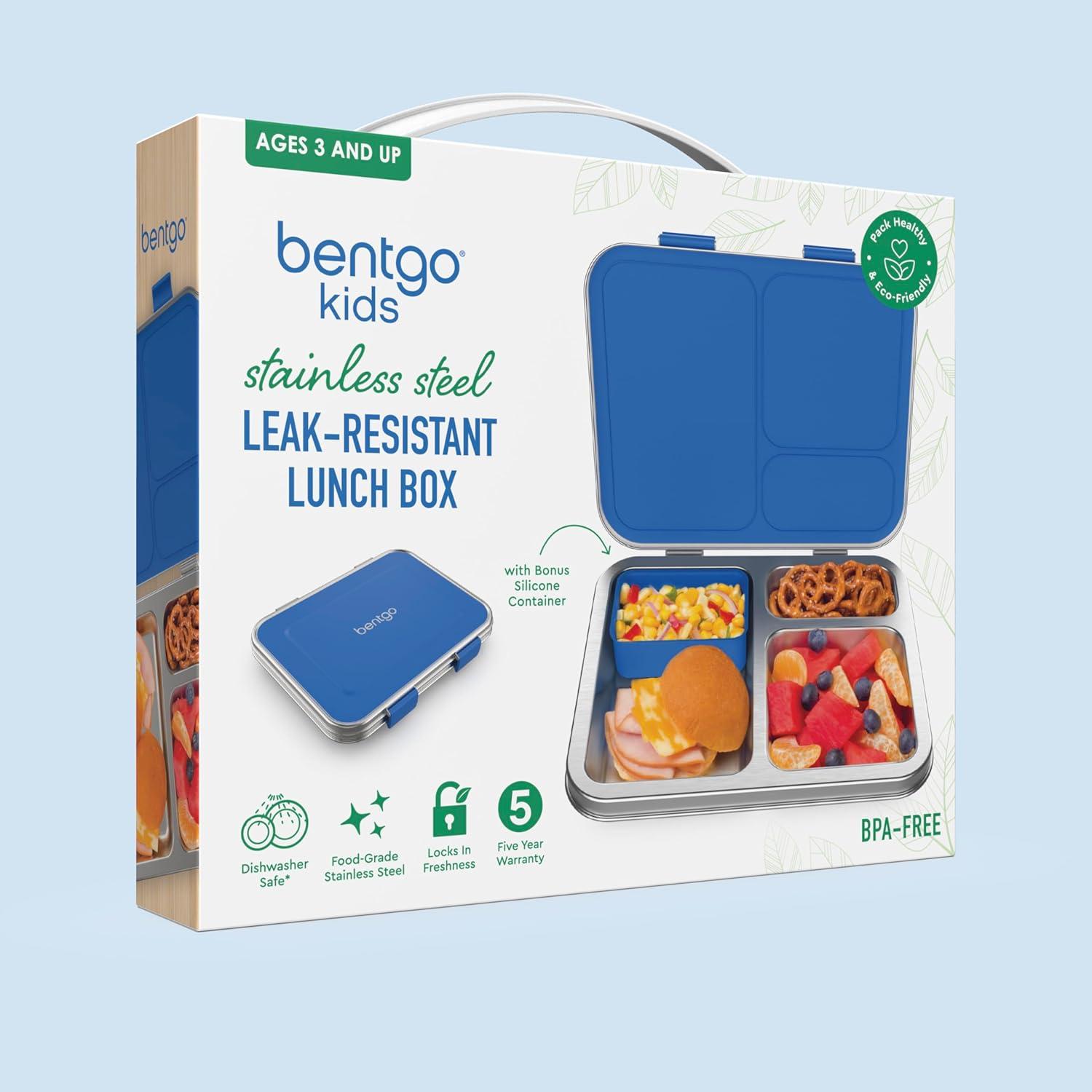 imageBentgo Kids Stainless Steel LeakResistant Lunch Box 3Compartments with Bonus Silicone Container Durable EcoFriendly Dishwasher Safe BPAFree Ideal for School Ages 3 SilverBlue