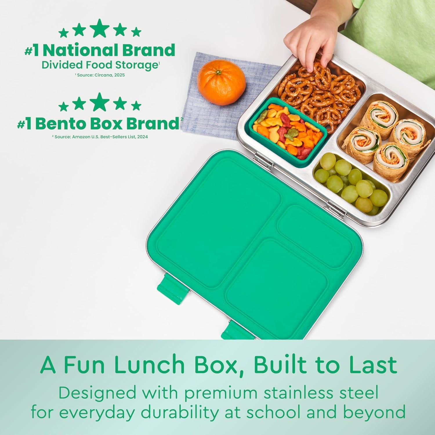 imageBentgo Kids Stainless Steel LeakResistant Lunch Box 3Compartments with Bonus Silicone Container Durable EcoFriendly Dishwasher Safe BPAFree Ideal for School Ages 3 SilverGreen