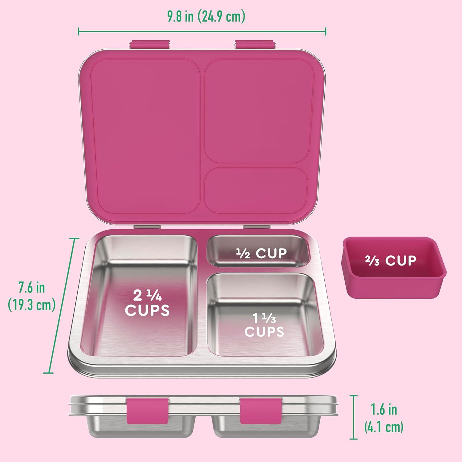 imageBentgo Kids Stainless Steel LeakResistant Lunch Box 3Compartments with Bonus Silicone Container Durable EcoFriendly Dishwasher Safe BPAFree Ideal for School Ages 3 SilverFuchsia