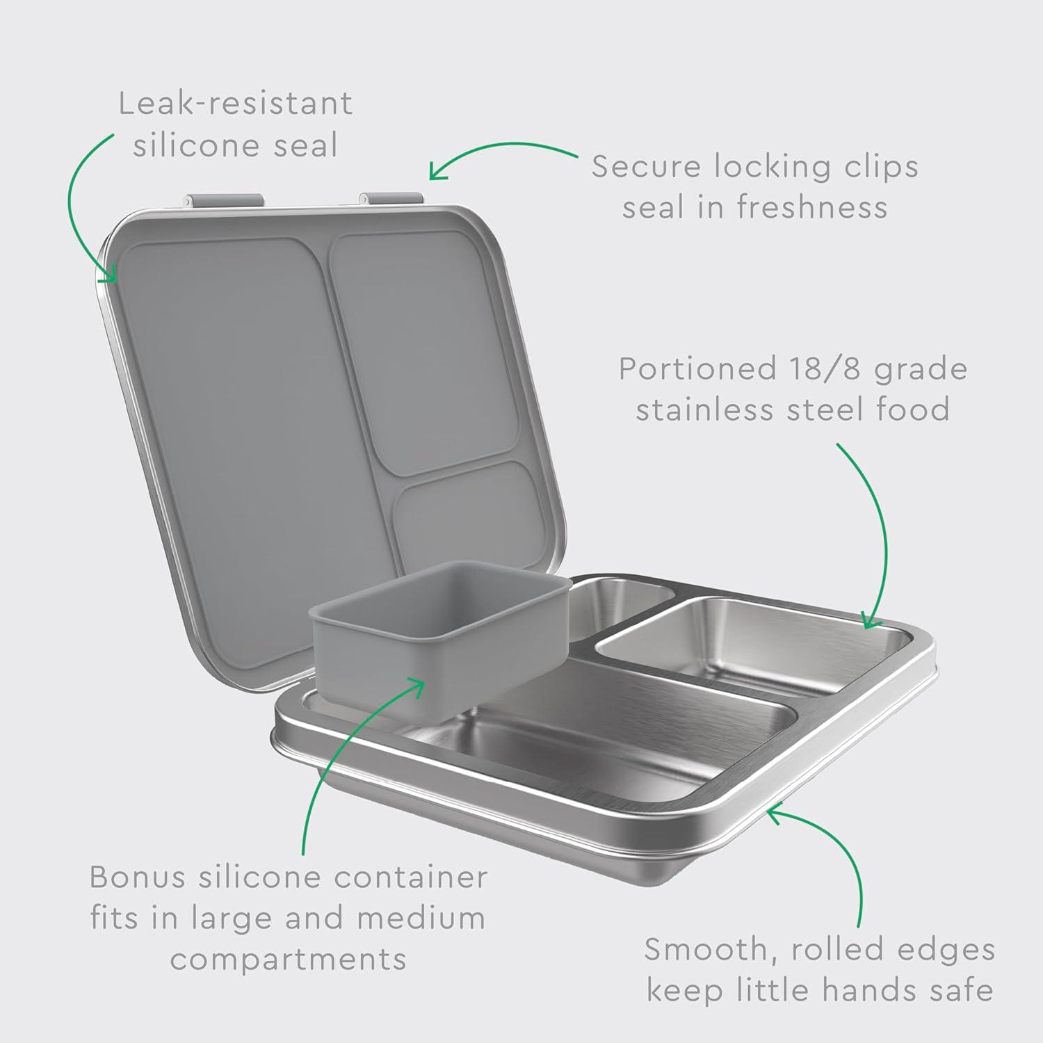 imageBentgo Kids Stainless Steel LeakResistant Lunch Box 3Compartments with Bonus Silicone Container Durable EcoFriendly Dishwasher Safe BPAFree Ideal for School Ages 3 SilverSilver