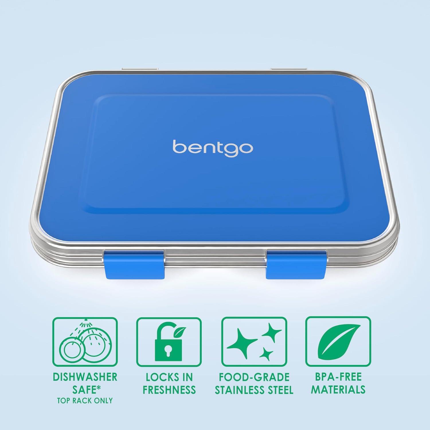 imageBentgo Kids Stainless Steel LeakResistant Lunch Box 3Compartments with Bonus Silicone Container Durable EcoFriendly Dishwasher Safe BPAFree Ideal for School Ages 3 SilverBlue