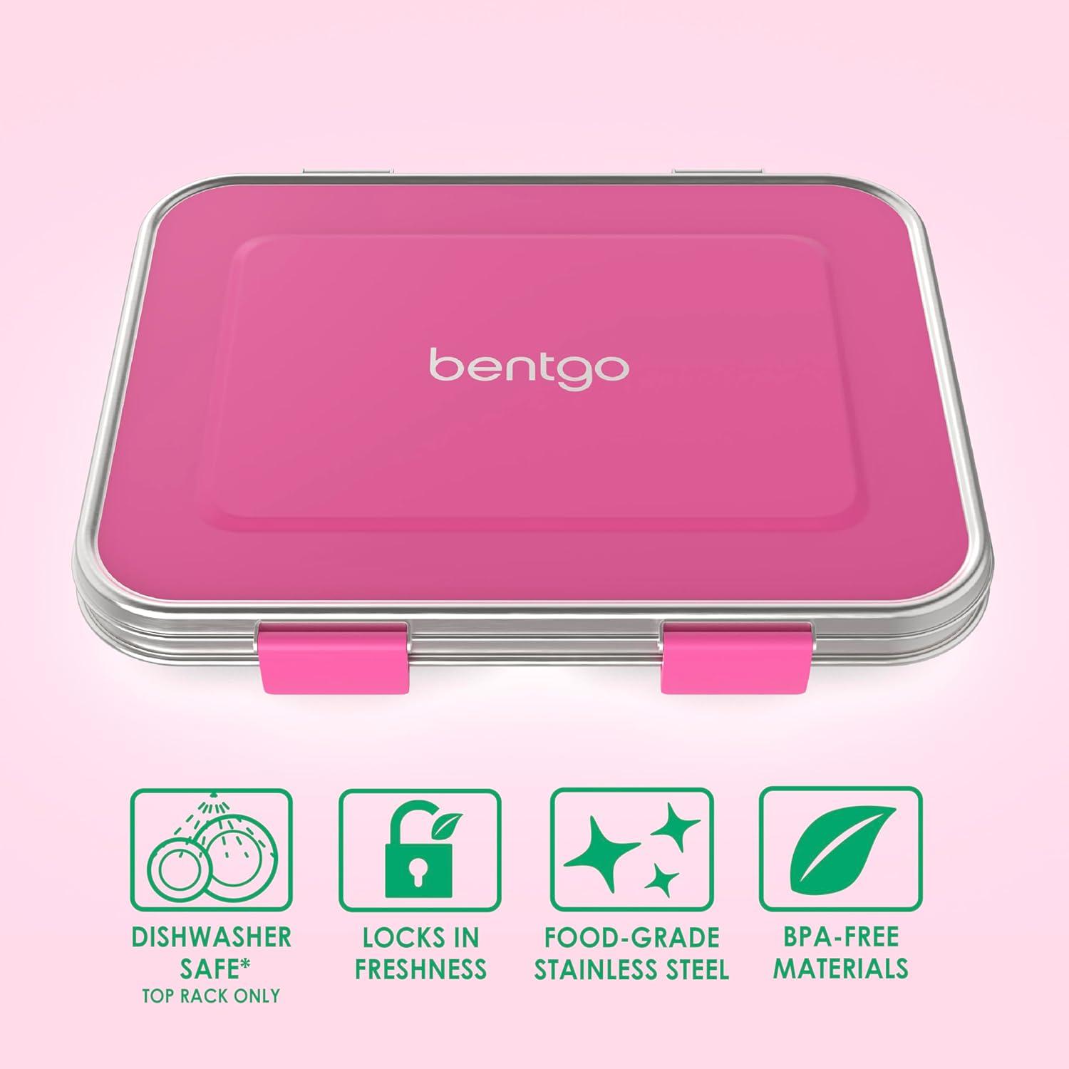 imageBentgo Kids Stainless Steel LeakResistant Lunch Box 3Compartments with Bonus Silicone Container Durable EcoFriendly Dishwasher Safe BPAFree Ideal for School Ages 3 SilverFuchsia