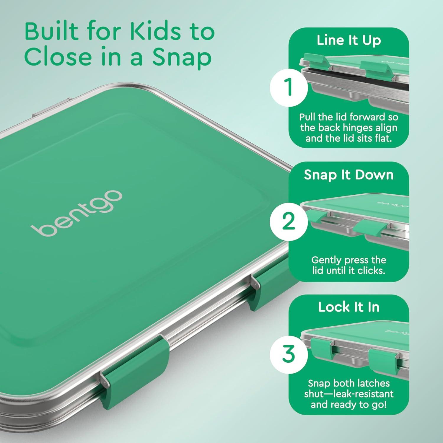 imageBentgo Kids Stainless Steel LeakResistant Lunch Box 3Compartments with Bonus Silicone Container Durable EcoFriendly Dishwasher Safe BPAFree Ideal for School Ages 3 SilverGreen