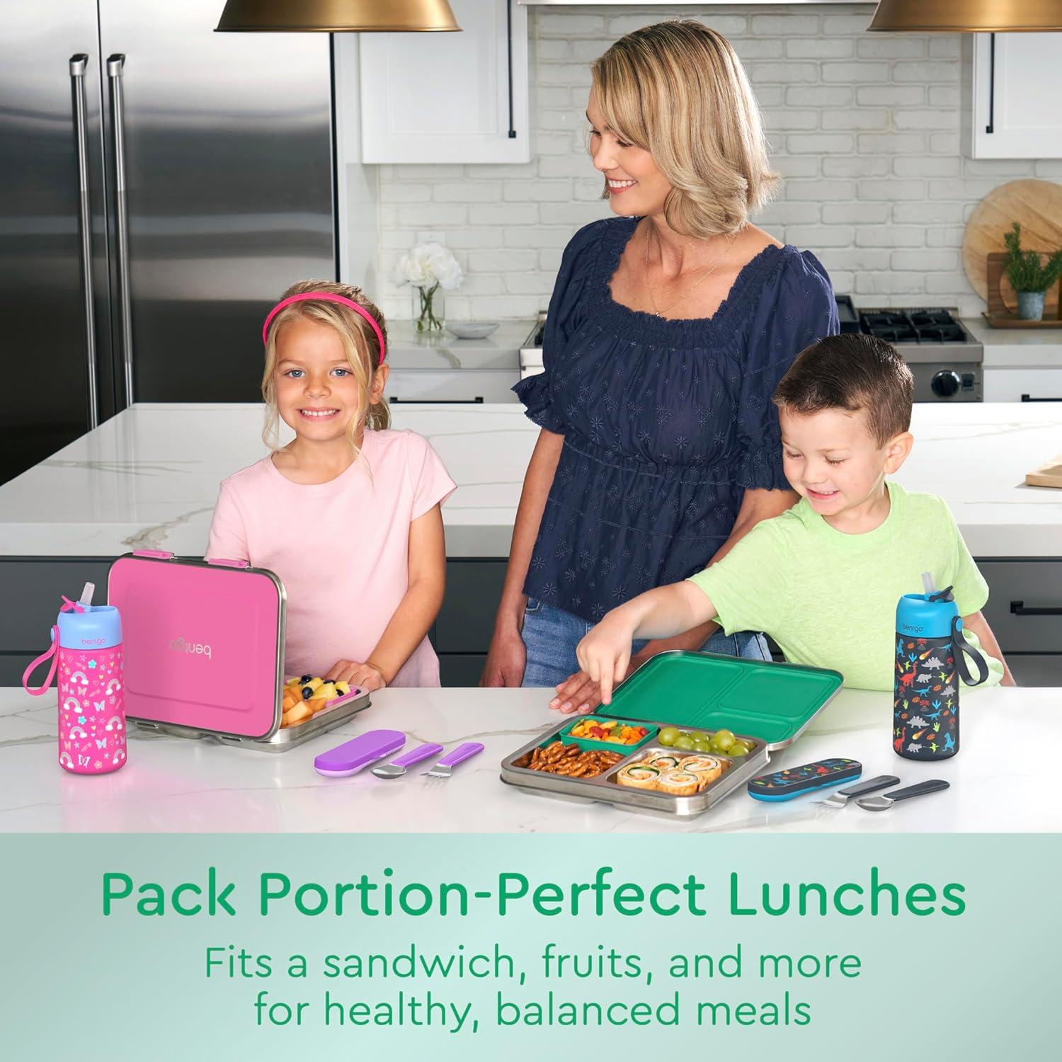 imageBentgo Kids Stainless Steel LeakResistant Lunch Box 3Compartments with Bonus Silicone Container Durable EcoFriendly Dishwasher Safe BPAFree Ideal for School Ages 3 SilverGreen