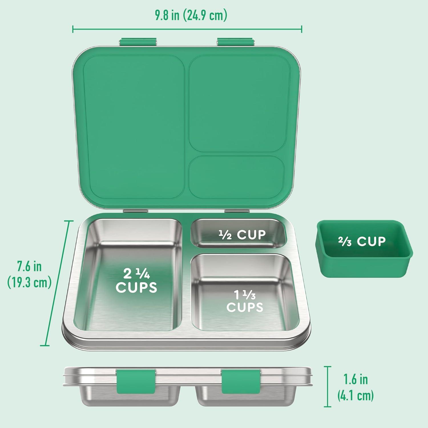 imageBentgo Kids Stainless Steel LeakResistant Lunch Box 3Compartments with Bonus Silicone Container Durable EcoFriendly Dishwasher Safe BPAFree Ideal for School Ages 3 SilverGreen