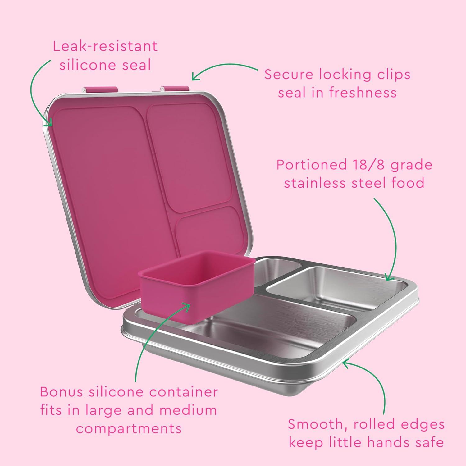 imageBentgo Kids Stainless Steel LeakResistant Lunch Box 3Compartments with Bonus Silicone Container Durable EcoFriendly Dishwasher Safe BPAFree Ideal for School Ages 3 SilverFuchsia