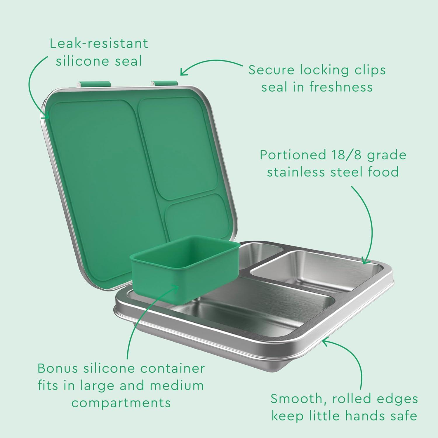 imageBentgo Kids Stainless Steel LeakResistant Lunch Box 3Compartments with Bonus Silicone Container Durable EcoFriendly Dishwasher Safe BPAFree Ideal for School Ages 3 SilverGreen