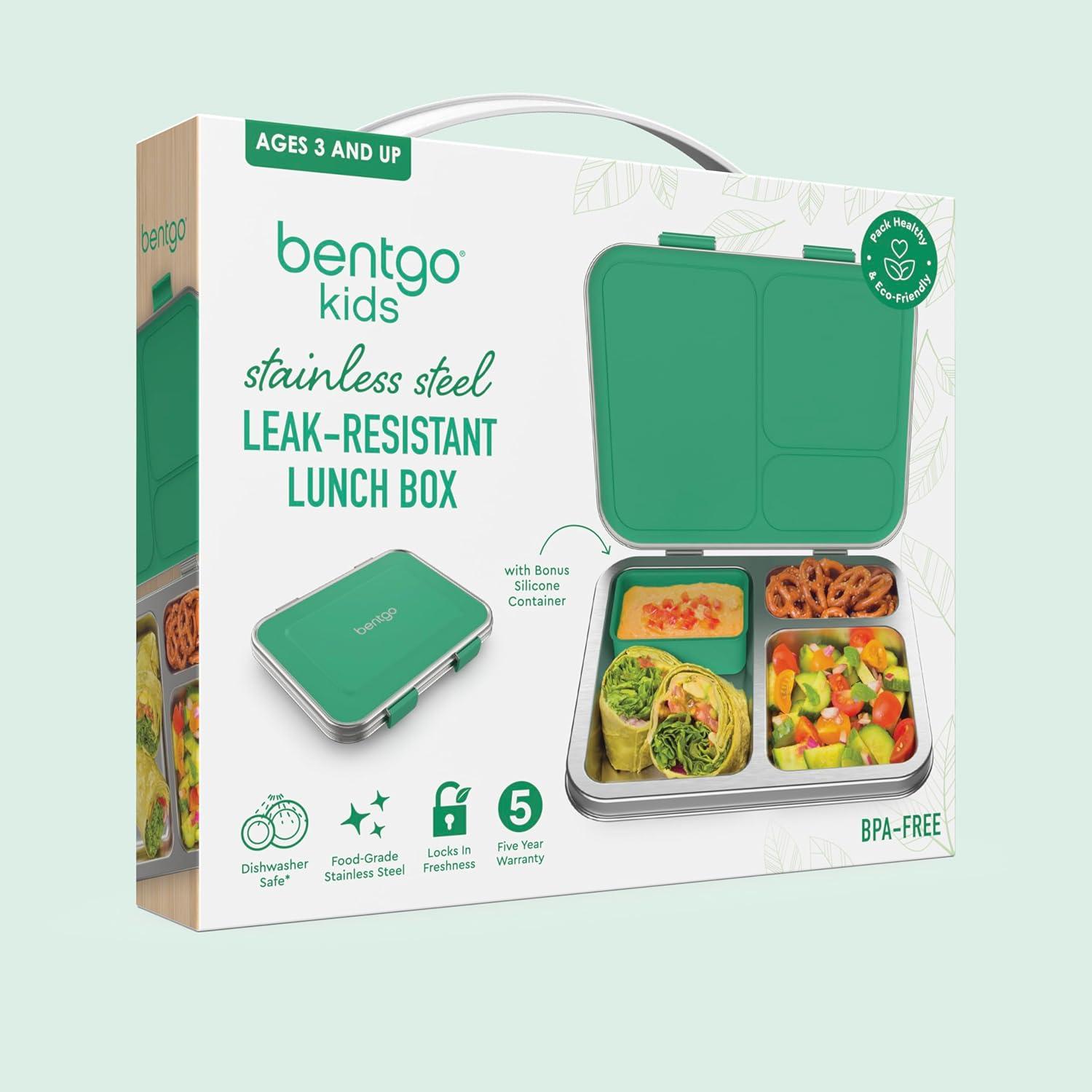 imageBentgo Kids Stainless Steel LeakResistant Lunch Box 3Compartments with Bonus Silicone Container Durable EcoFriendly Dishwasher Safe BPAFree Ideal for School Ages 3 SilverGreen
