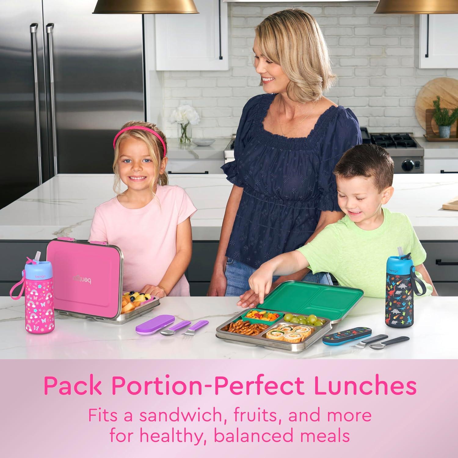 imageBentgo Kids Stainless Steel LeakResistant Lunch Box 3Compartments with Bonus Silicone Container Durable EcoFriendly Dishwasher Safe BPAFree Ideal for School Ages 3 SilverFuchsia