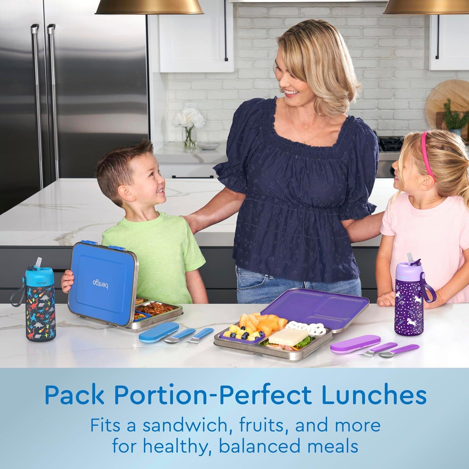 imageBentgo Kids Stainless Steel LeakResistant Lunch Box 3Compartments with Bonus Silicone Container Durable EcoFriendly Dishwasher Safe BPAFree Ideal for School Ages 3 SilverBlue