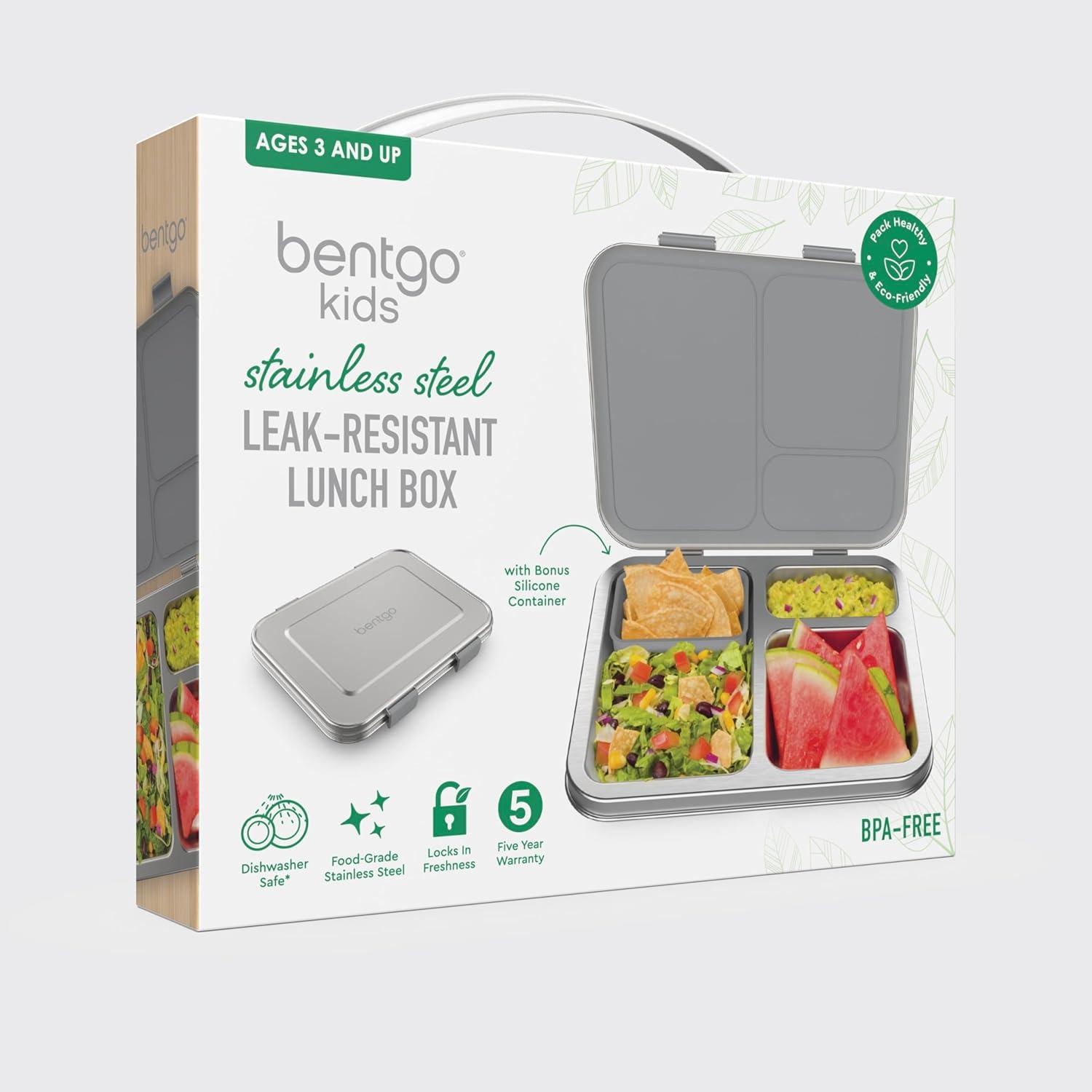imageBentgo Kids Stainless Steel LeakResistant Lunch Box 3Compartments with Bonus Silicone Container Durable EcoFriendly Dishwasher Safe BPAFree Ideal for School Ages 3 SilverSilver