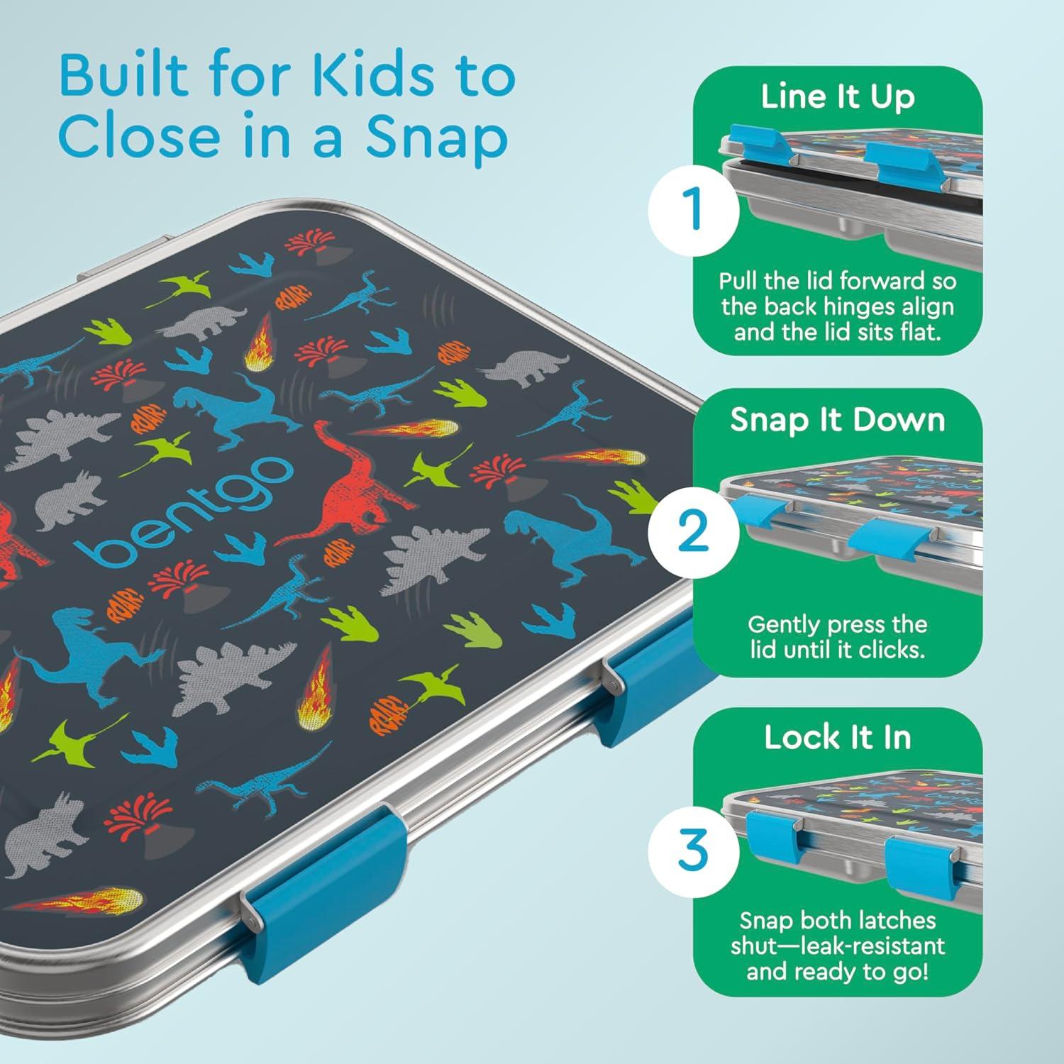 imageBentgo Kids Stainless Steel Prints LeakResistant Lunch Box 3Compartments with Bonus Silicone Container Durable EcoFriendly Dishwasher Safe BPAFree Ideal for School Ages 3 UnicornDinosaur