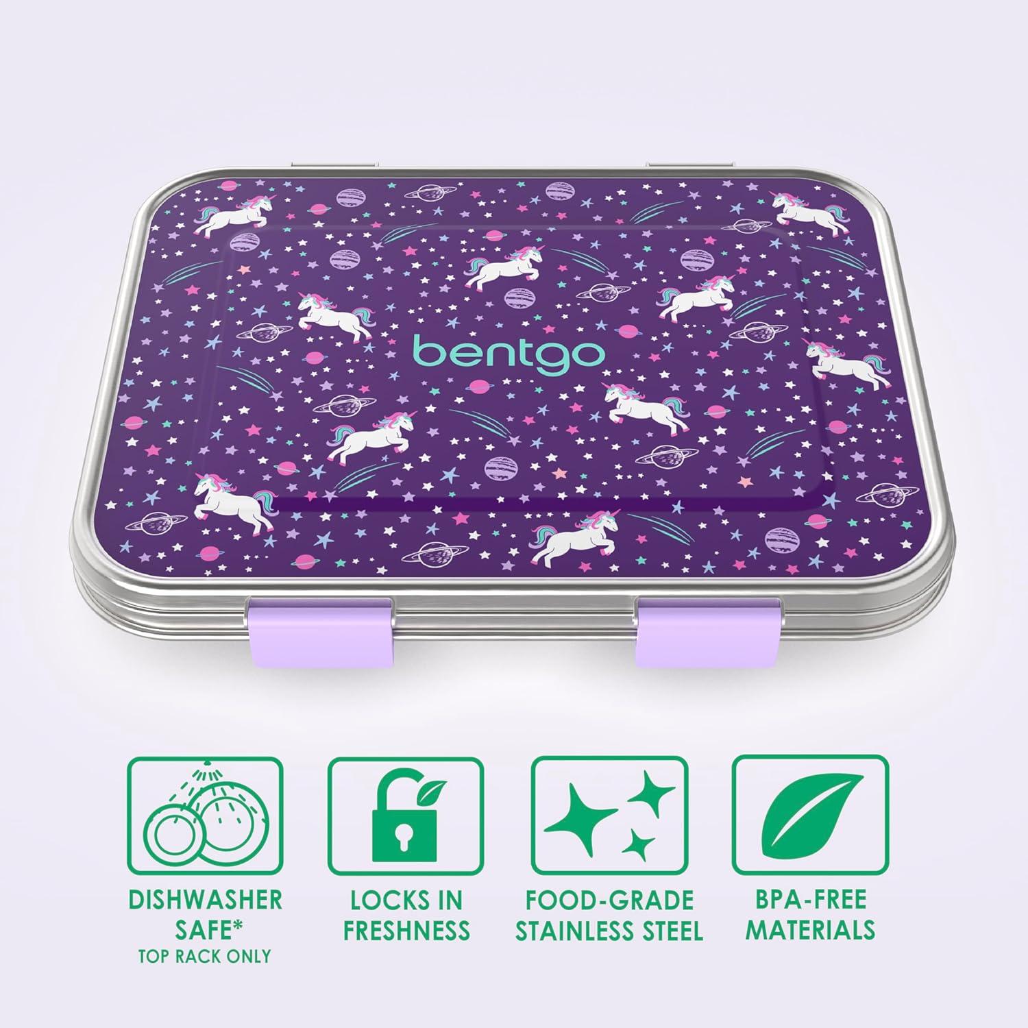 imageBentgo Kids Stainless Steel Prints LeakResistant Lunch Box 3Compartments with Bonus Silicone Container Durable EcoFriendly Dishwasher Safe BPAFree Ideal for School Ages 3 UnicornUnicorn