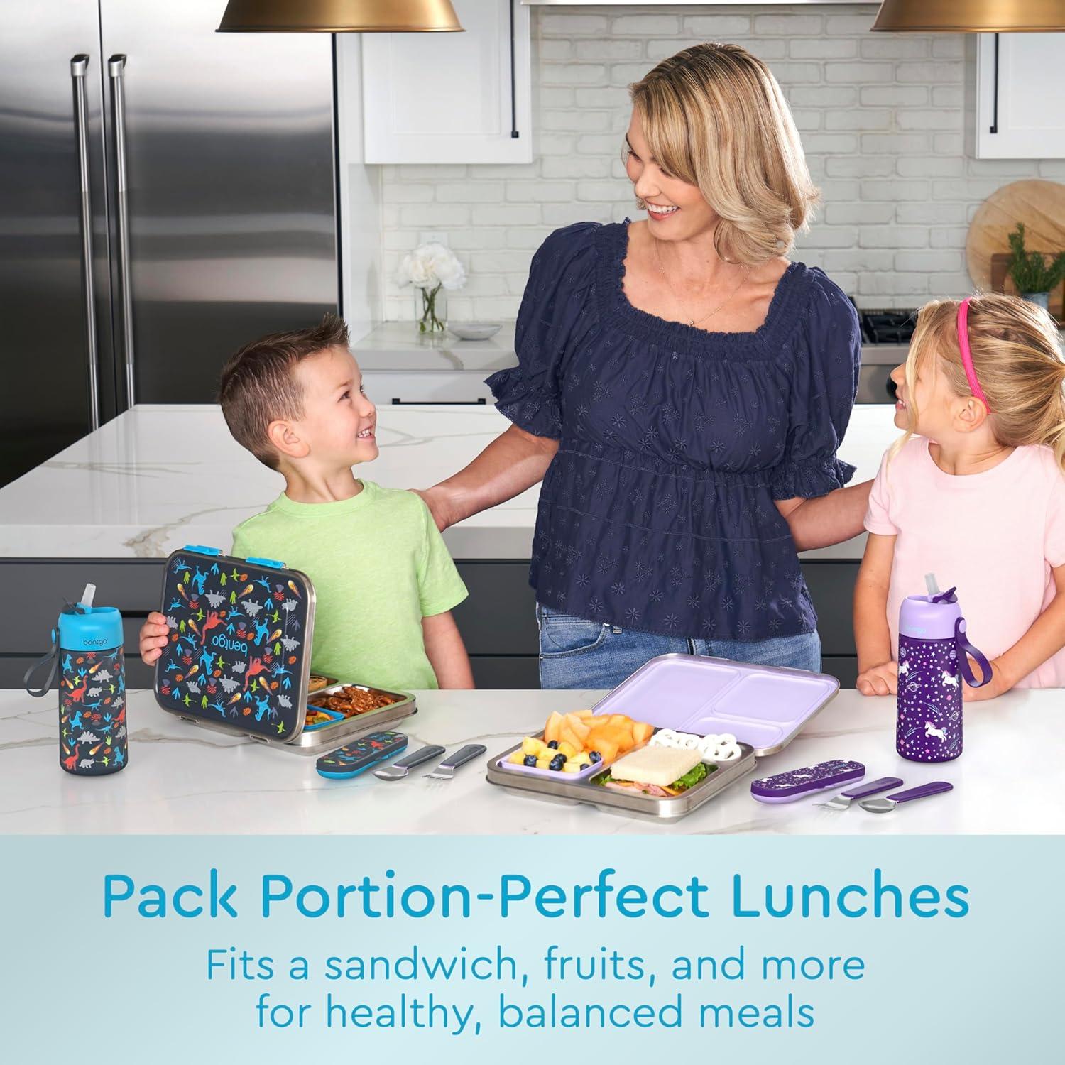 imageBentgo Kids Stainless Steel Prints LeakResistant Lunch Box 3Compartments with Bonus Silicone Container Durable EcoFriendly Dishwasher Safe BPAFree Ideal for School Ages 3 UnicornDinosaur