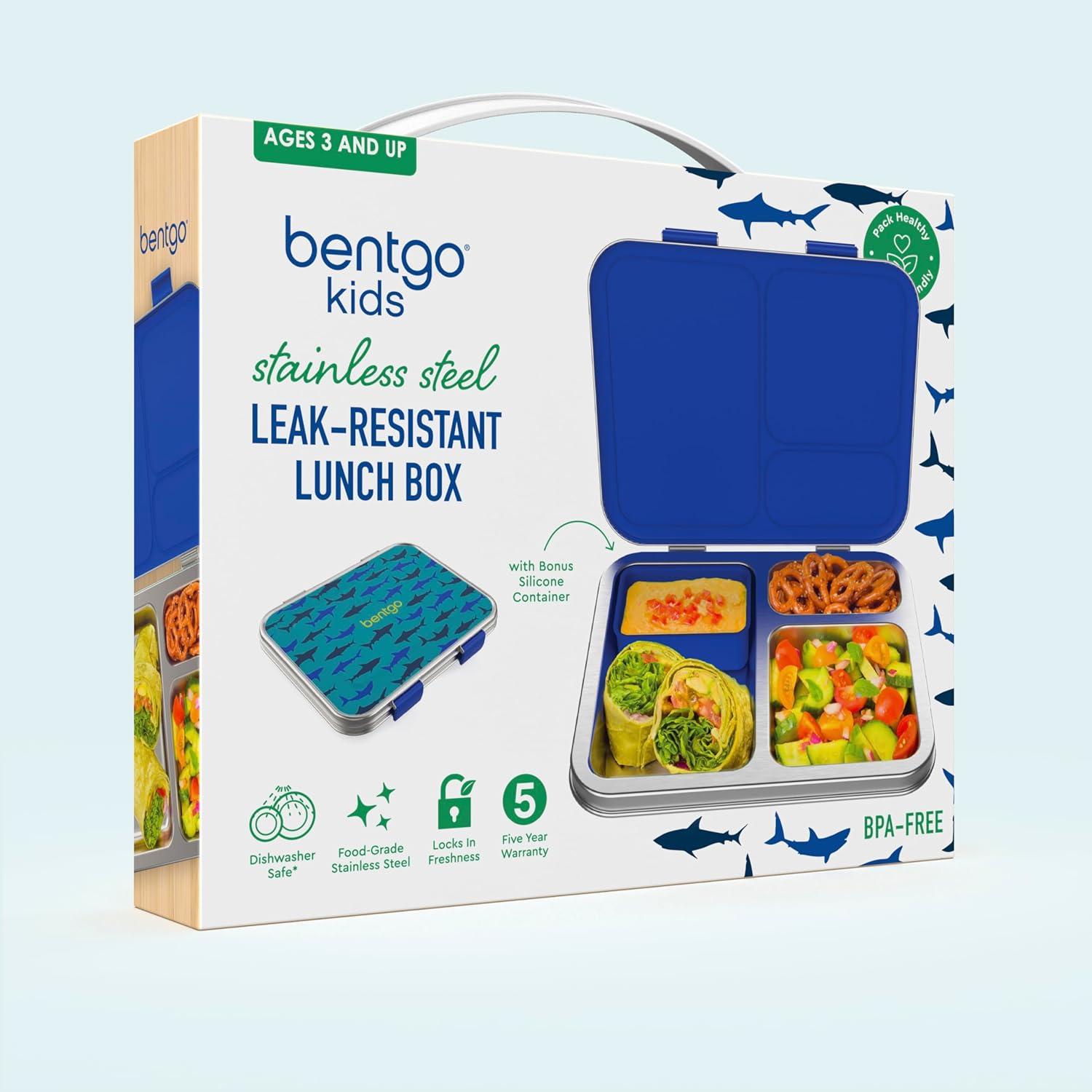 imageBentgo Kids Stainless Steel Prints LeakResistant Lunch Box 3Compartments with Bonus Silicone Container Durable EcoFriendly Dishwasher Safe BPAFree Ideal for School Ages 3 UnicornShark