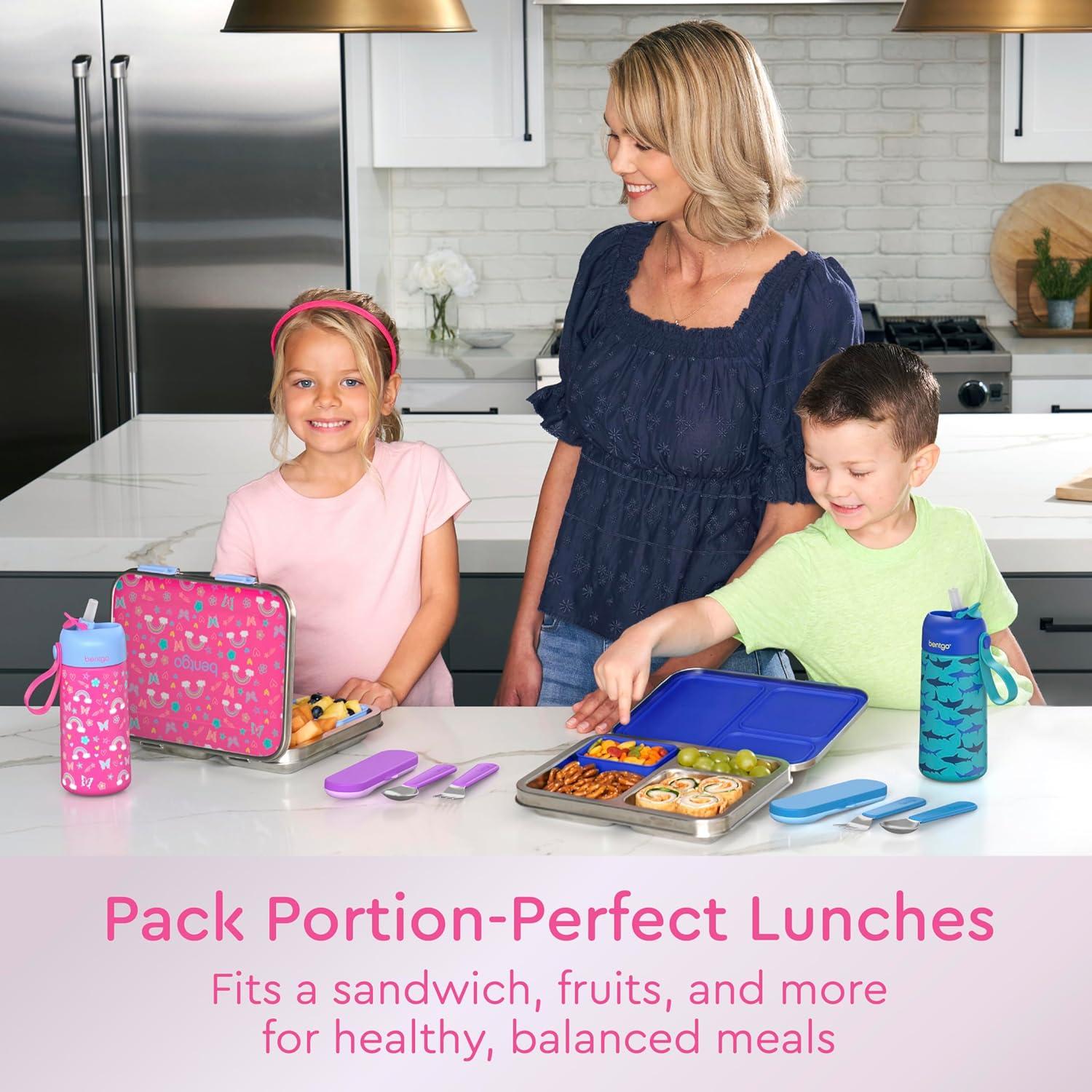 imageBentgo Kids Stainless Steel Prints LeakResistant Lunch Box 3Compartments with Bonus Silicone Container Durable EcoFriendly Dishwasher Safe BPAFree Ideal for School Ages 3 UnicornRainbows and Butterflies