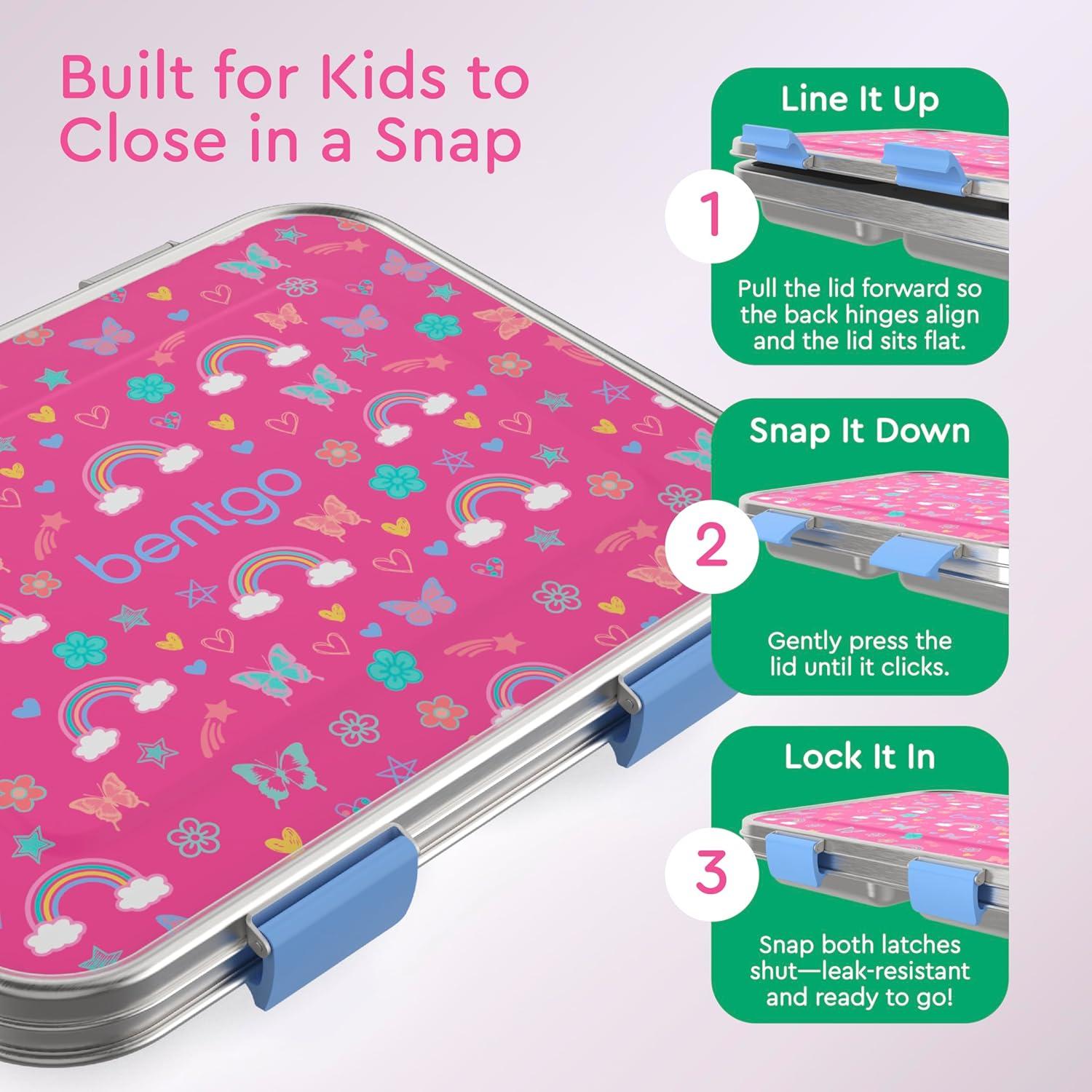 imageBentgo Kids Stainless Steel Prints LeakResistant Lunch Box 3Compartments with Bonus Silicone Container Durable EcoFriendly Dishwasher Safe BPAFree Ideal for School Ages 3 UnicornRainbows and Butterflies