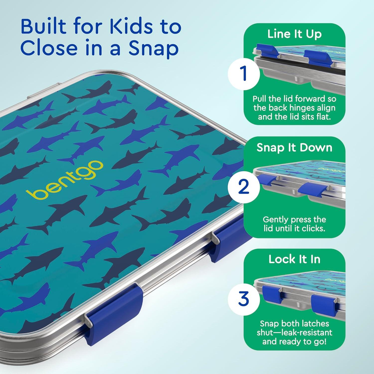 imageBentgo Kids Stainless Steel Prints LeakResistant Lunch Box 3Compartments with Bonus Silicone Container Durable EcoFriendly Dishwasher Safe BPAFree Ideal for School Ages 3 UnicornShark