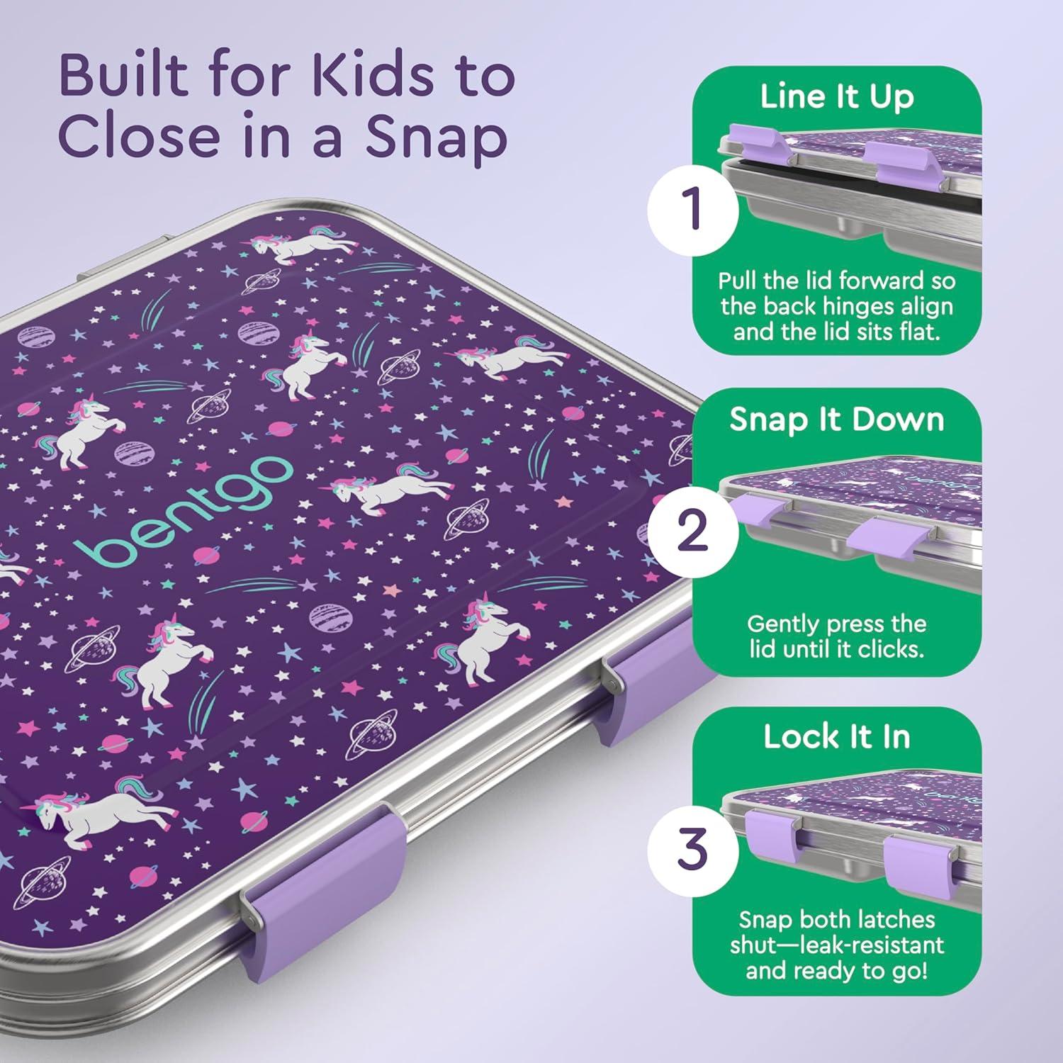 imageBentgo Kids Stainless Steel Prints LeakResistant Lunch Box 3Compartments with Bonus Silicone Container Durable EcoFriendly Dishwasher Safe BPAFree Ideal for School Ages 3 UnicornUnicorn