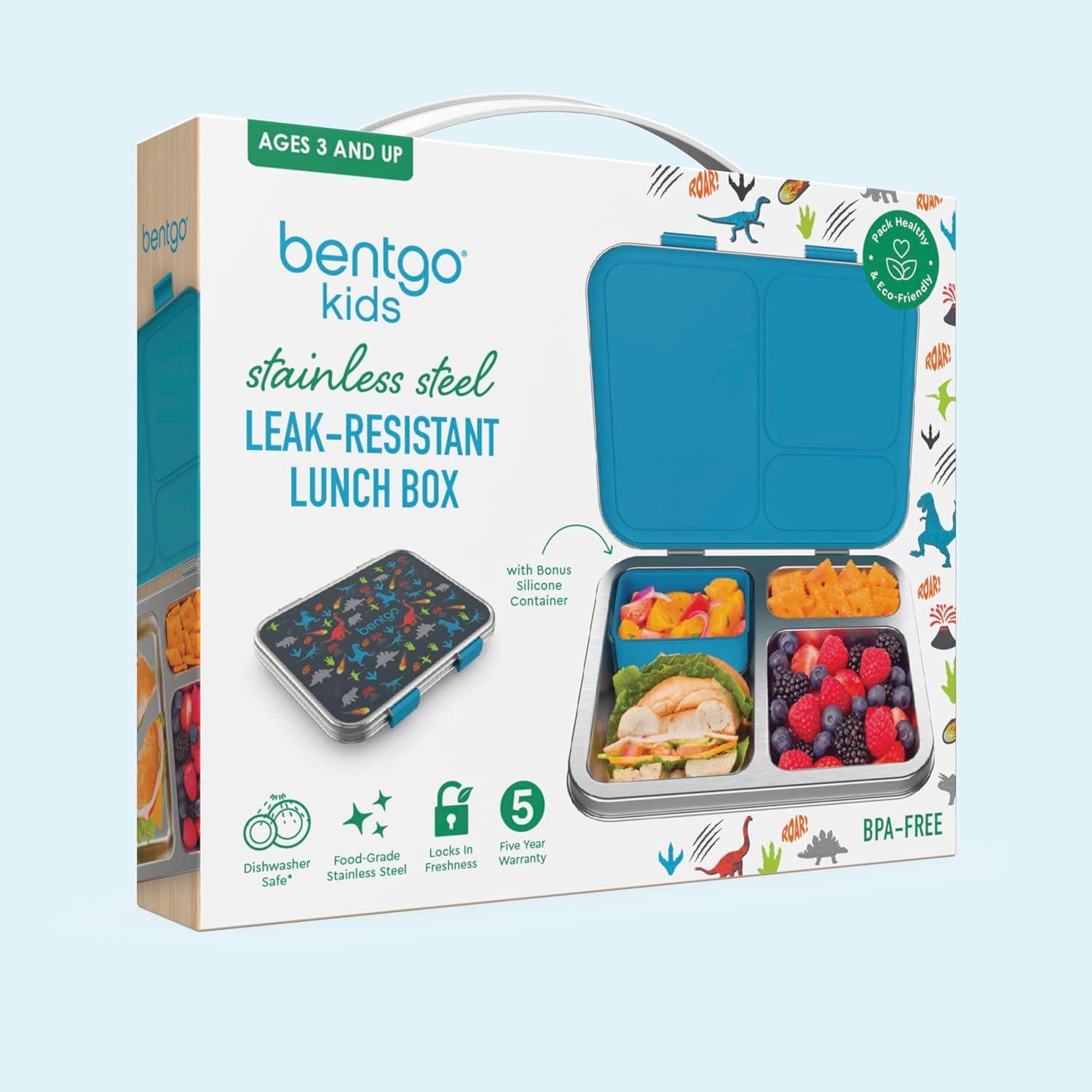 imageBentgo Kids Stainless Steel Prints LeakResistant Lunch Box 3Compartments with Bonus Silicone Container Durable EcoFriendly Dishwasher Safe BPAFree Ideal for School Ages 3 UnicornDinosaur
