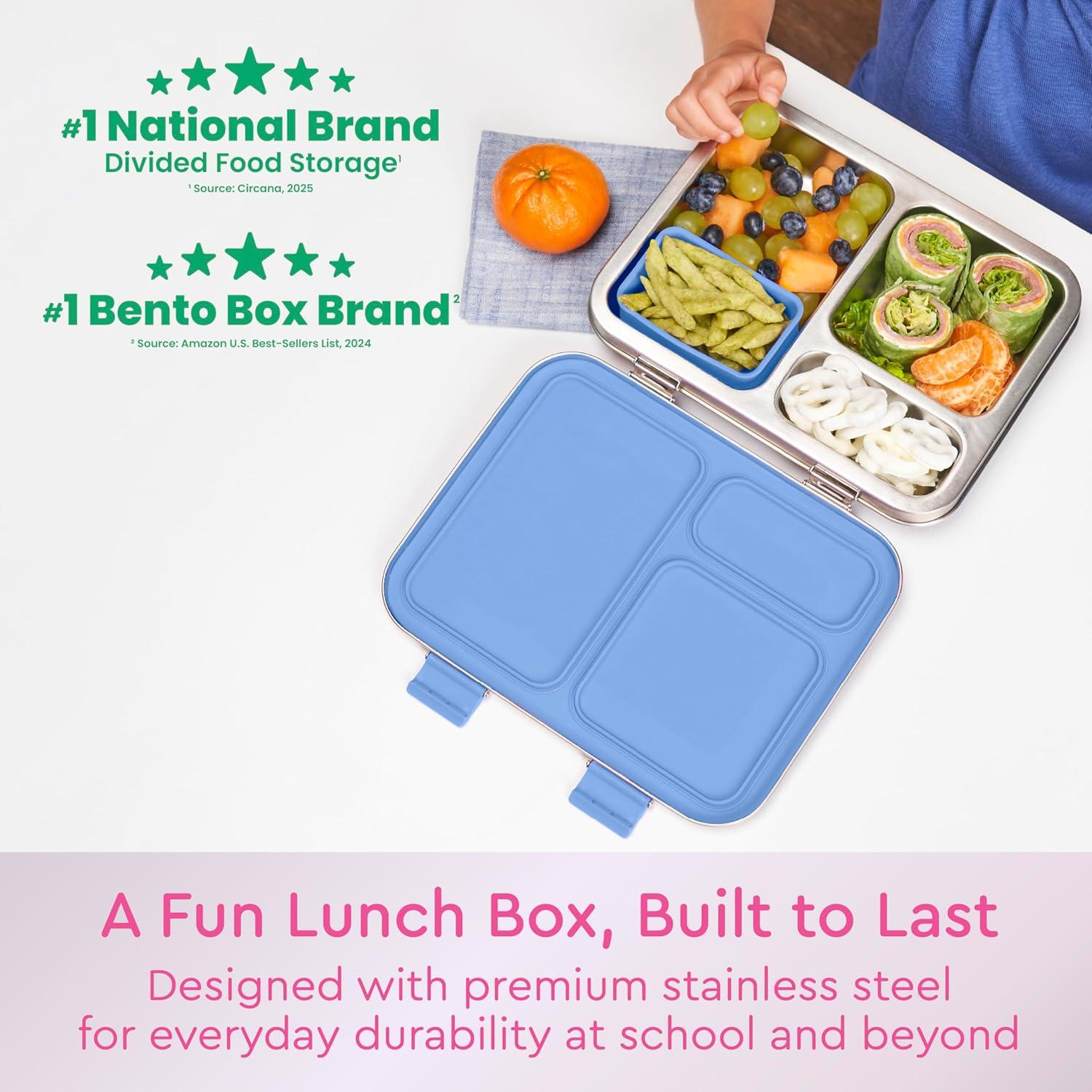 imageBentgo Kids Stainless Steel Prints LeakResistant Lunch Box 3Compartments with Bonus Silicone Container Durable EcoFriendly Dishwasher Safe BPAFree Ideal for School Ages 3 UnicornRainbows and Butterflies